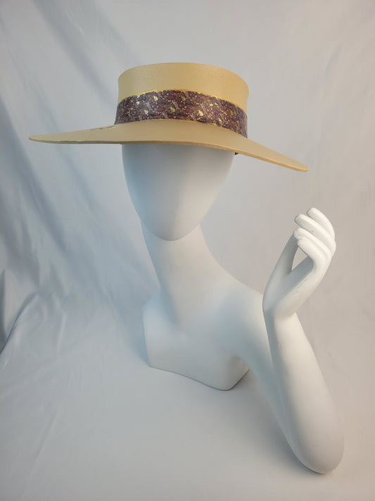 Beige "LadyEVA" Visor Hat with Delicate Purple Leaf Pattern Band and Gold Accents