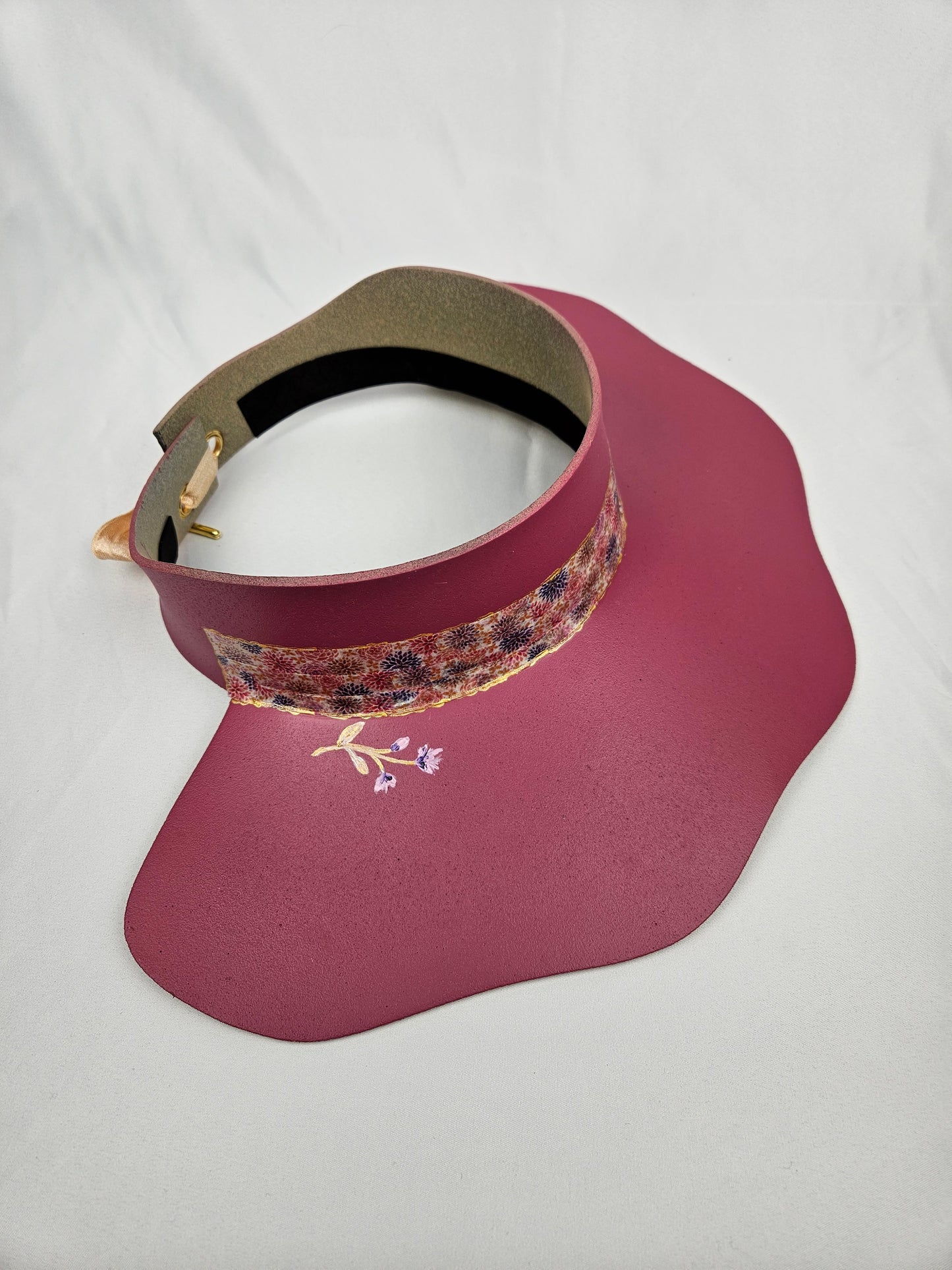 Pink Lotus Visor Hat with Floral Band and Handpainted Floral Motif