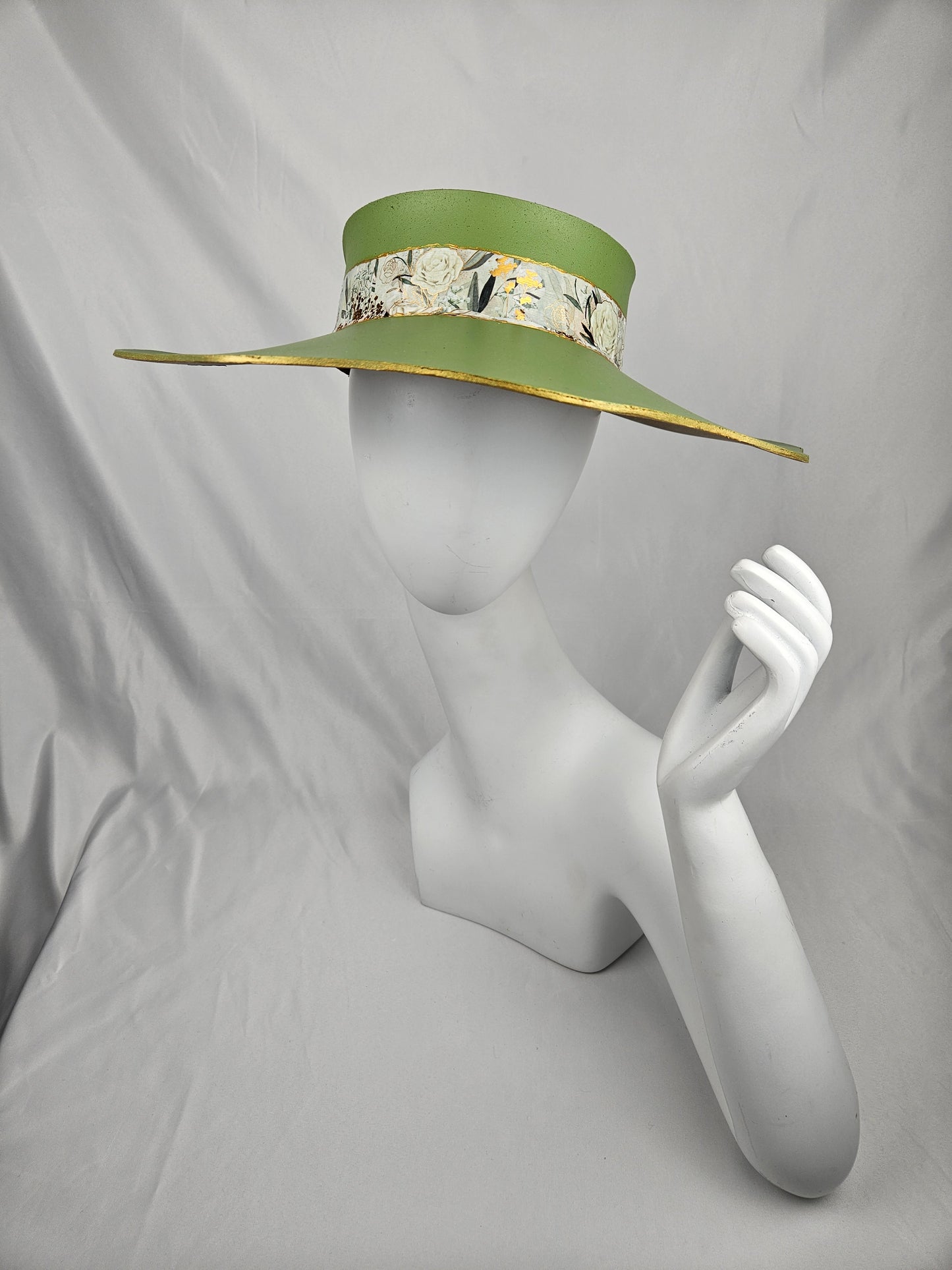 Green Lotus Visor Hat with White and Green Floral Band