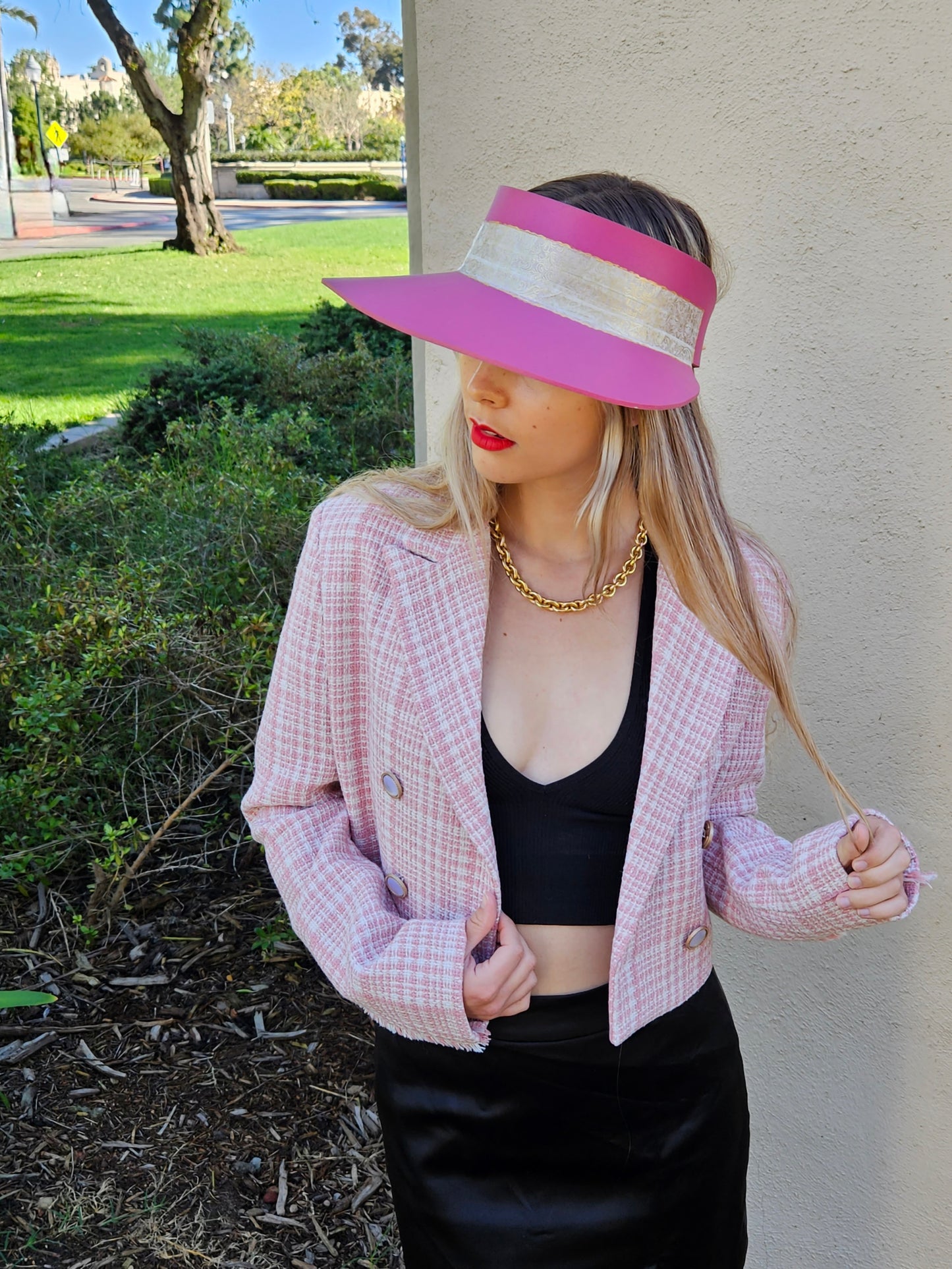 Tall Pink "LadyEVA" Visor Hat with Golden Band