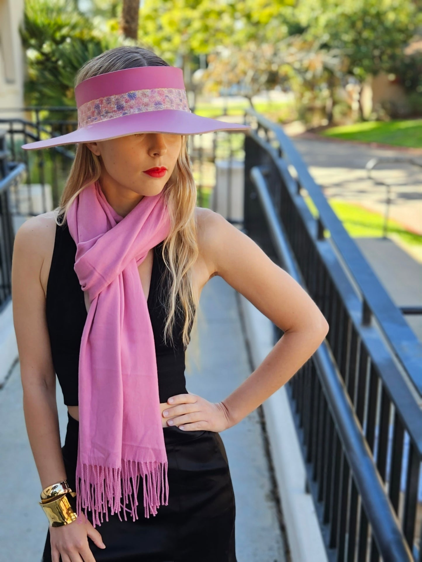 Pink Lotus Visor Hat with Floral Band and Handpainted Floral Motif