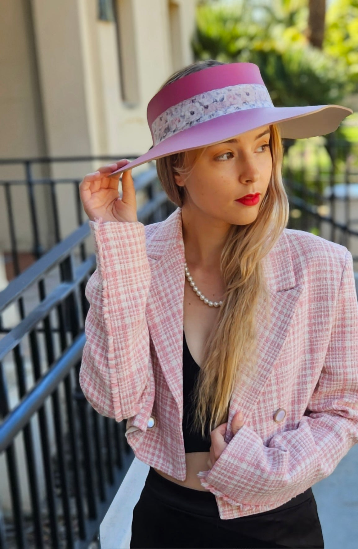 Pink Lotus Visor Hat with Floral Band