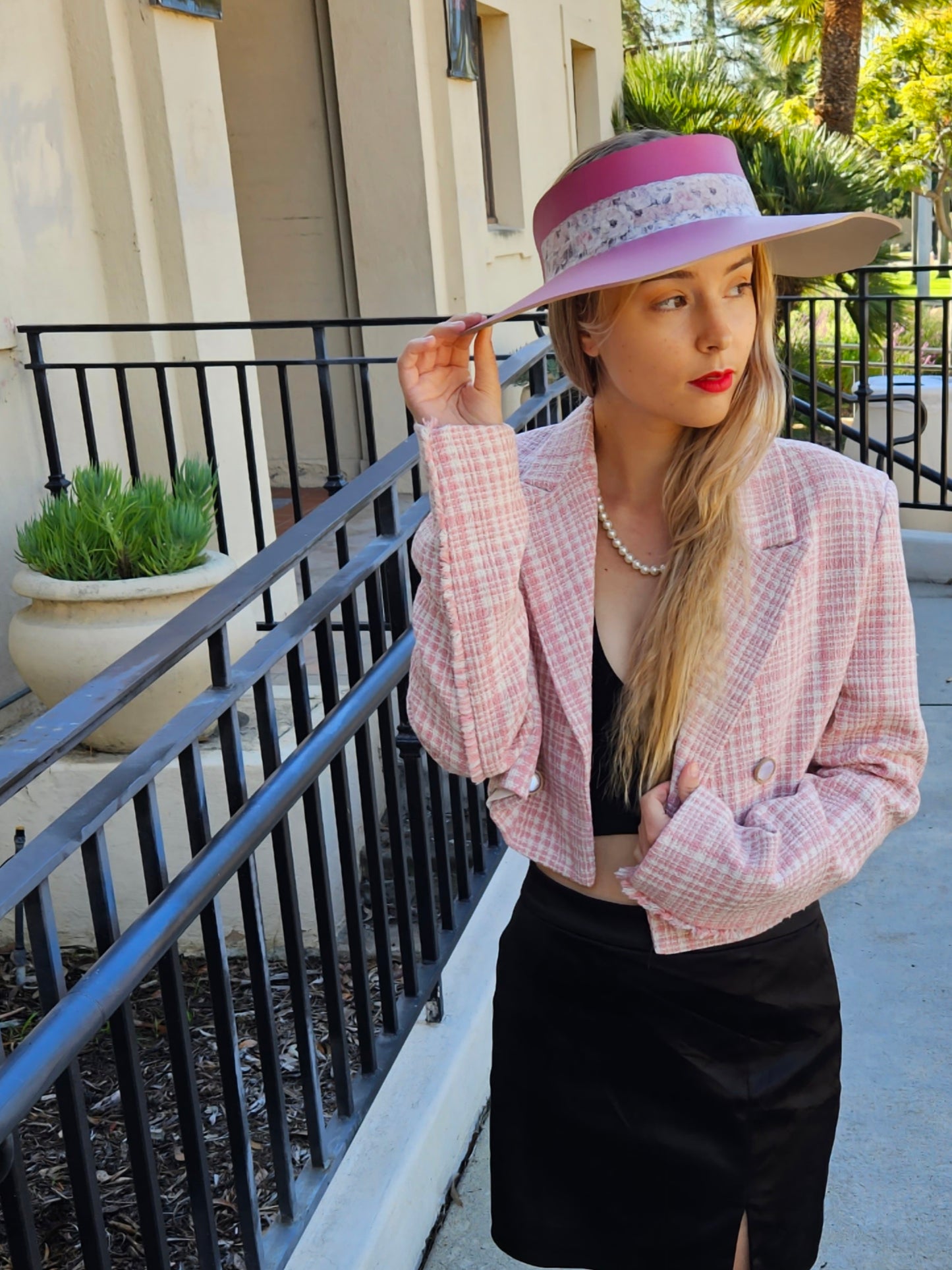 Pink Lotus Visor Hat with Floral Band