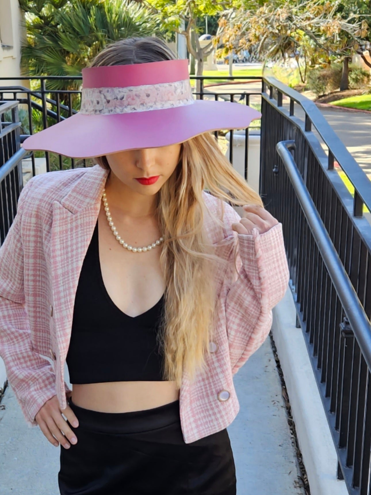 Pink Lotus Visor Hat with Floral Band