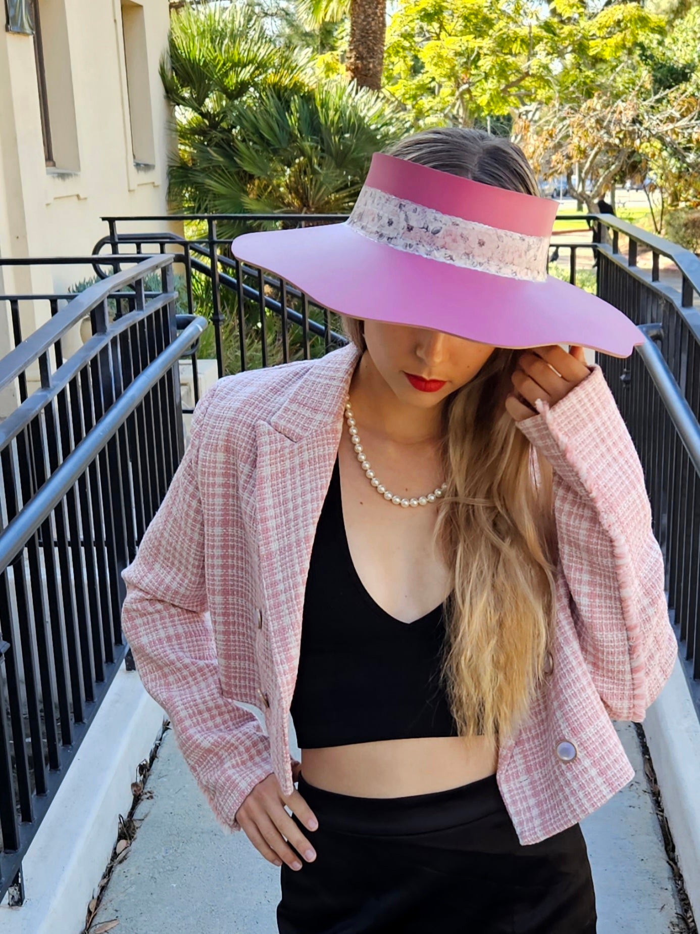 Pink Lotus Visor Hat with Floral Band