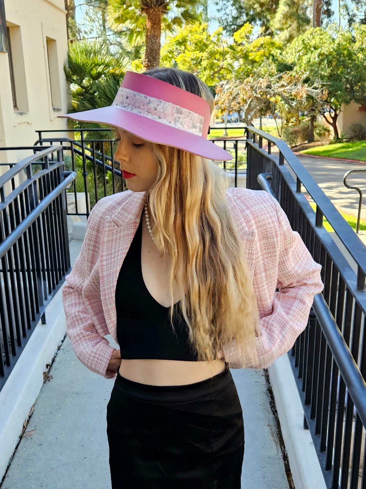 Pink Lotus Visor Hat with Floral Band