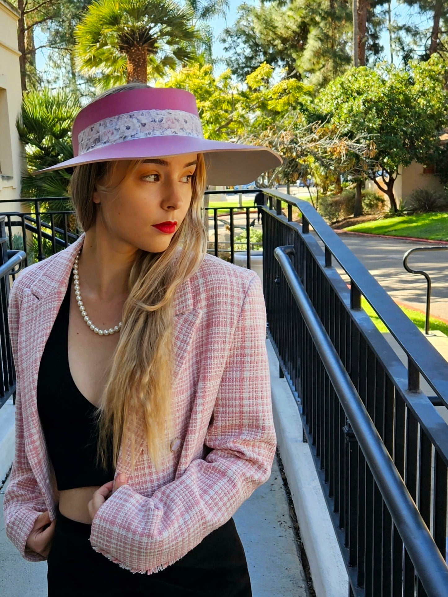 Pink Lotus Visor Hat with Floral Band