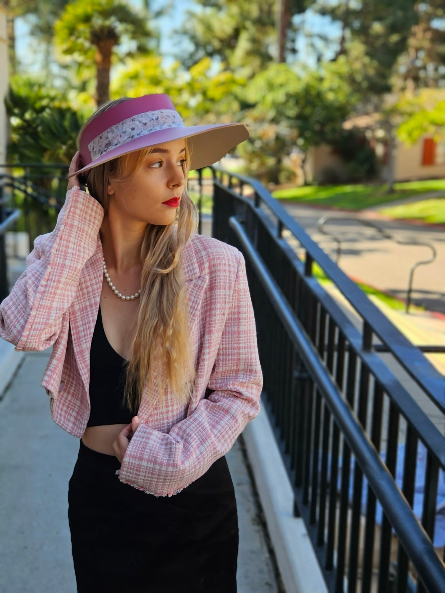 Pink Lotus Visor Hat with Floral Band