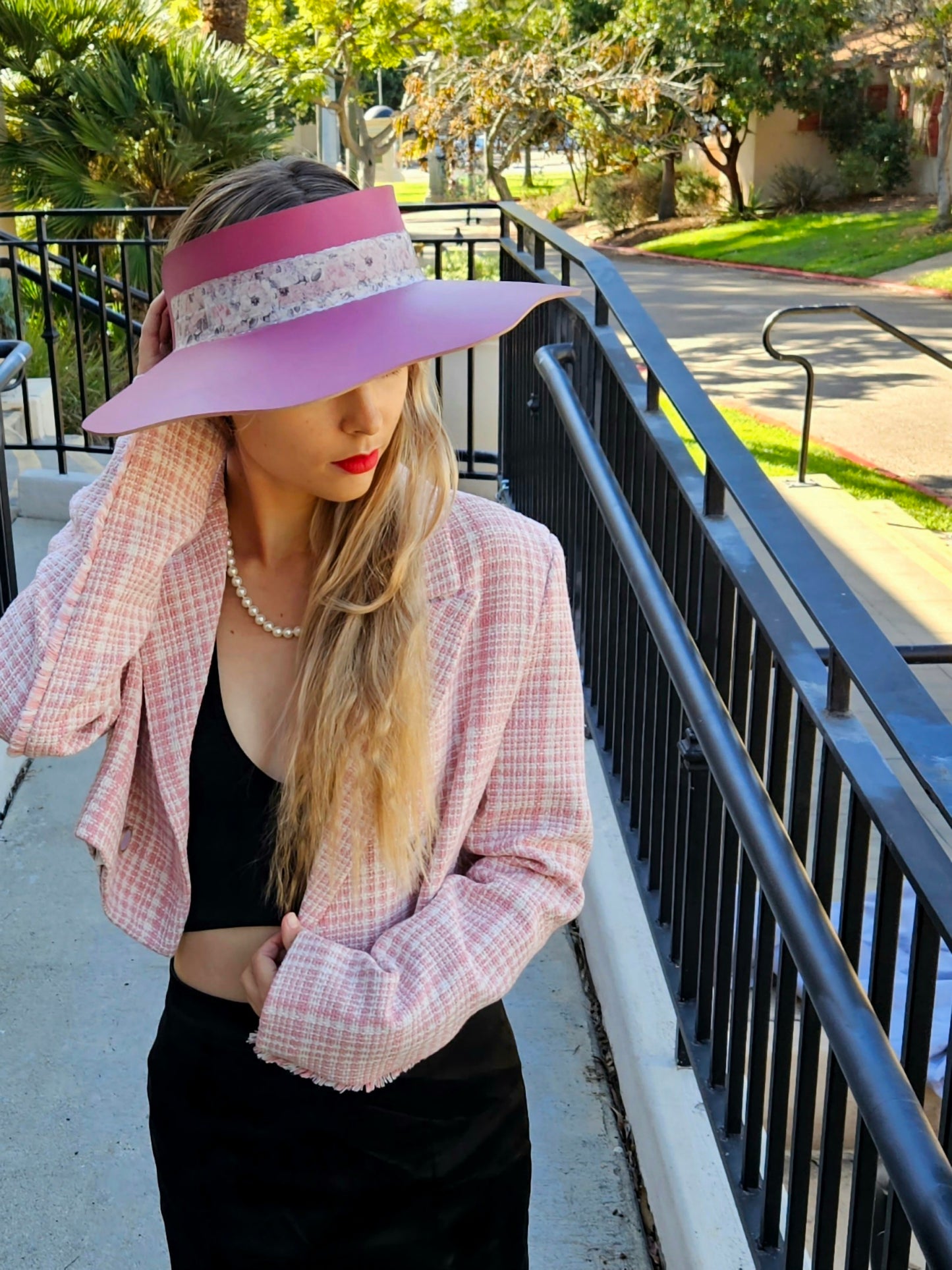 Pink Lotus Visor Hat with Floral Band