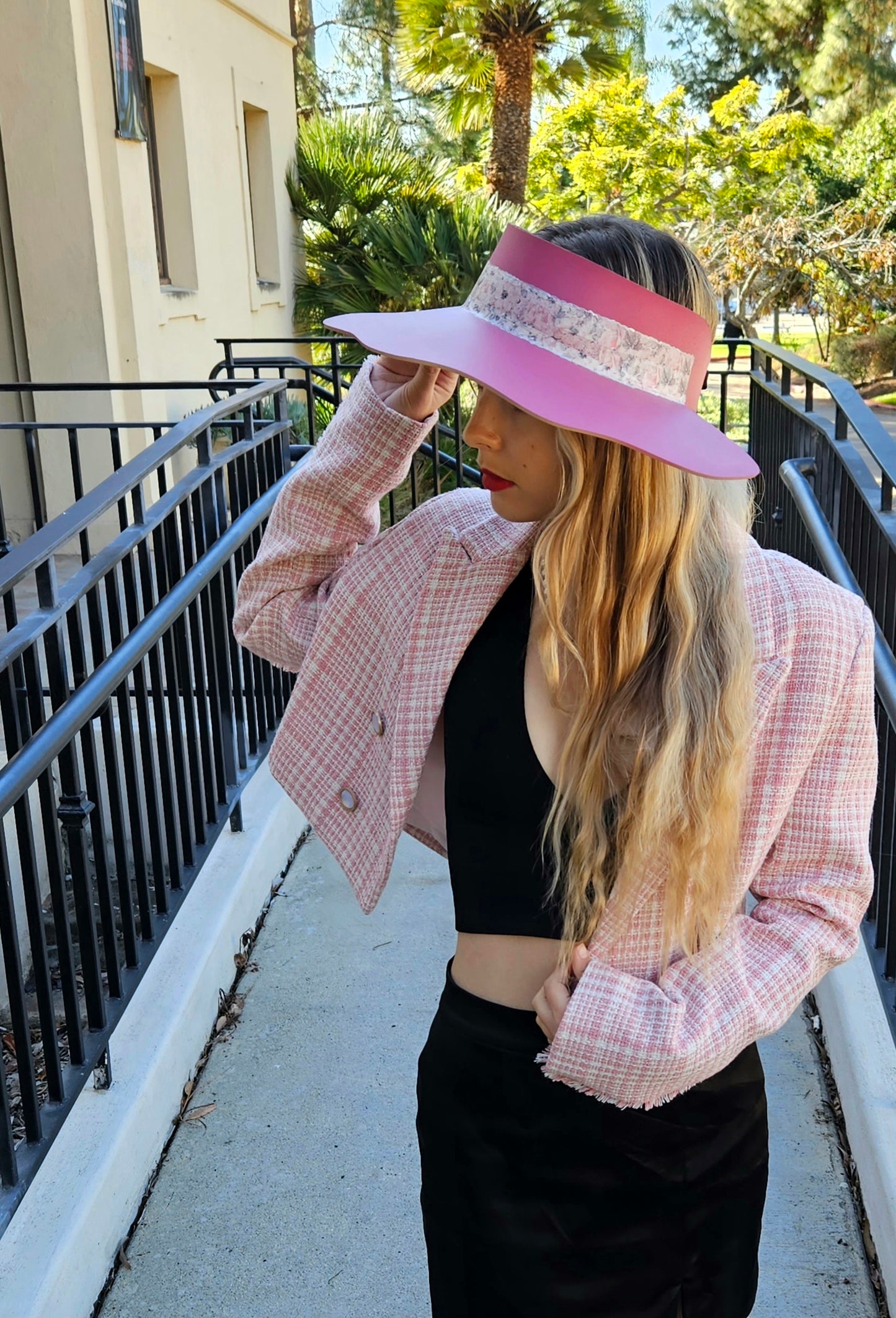 Pink Lotus Visor Hat with Floral Band