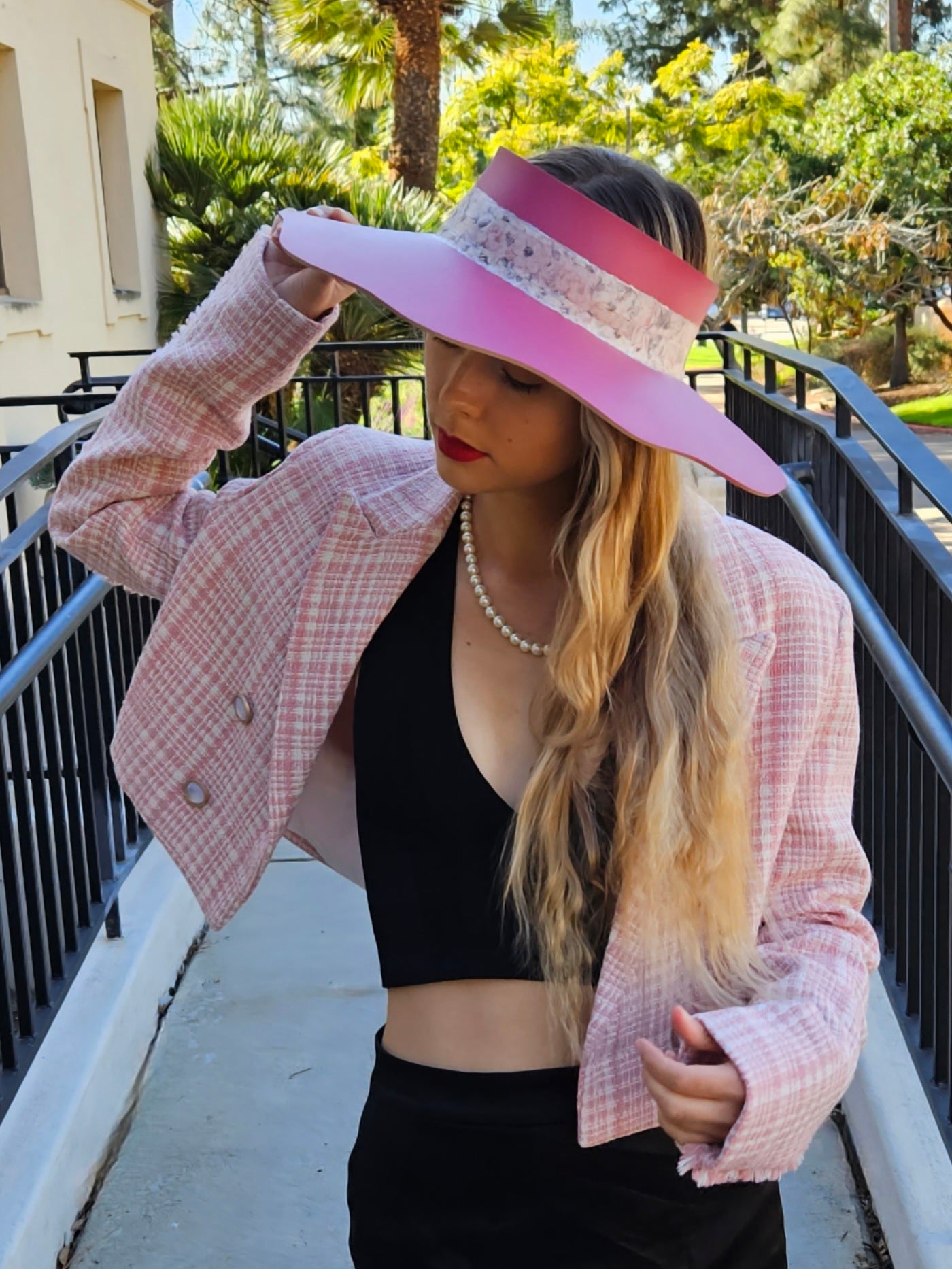 Pink Lotus Visor Hat with Floral Band