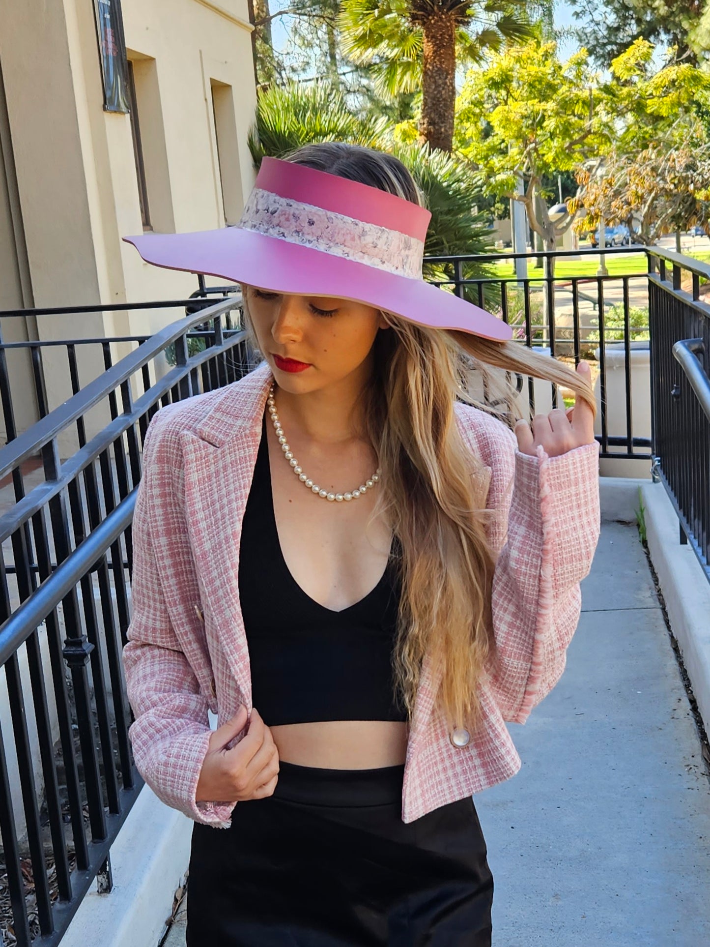 Pink Lotus Visor Hat with Floral Band