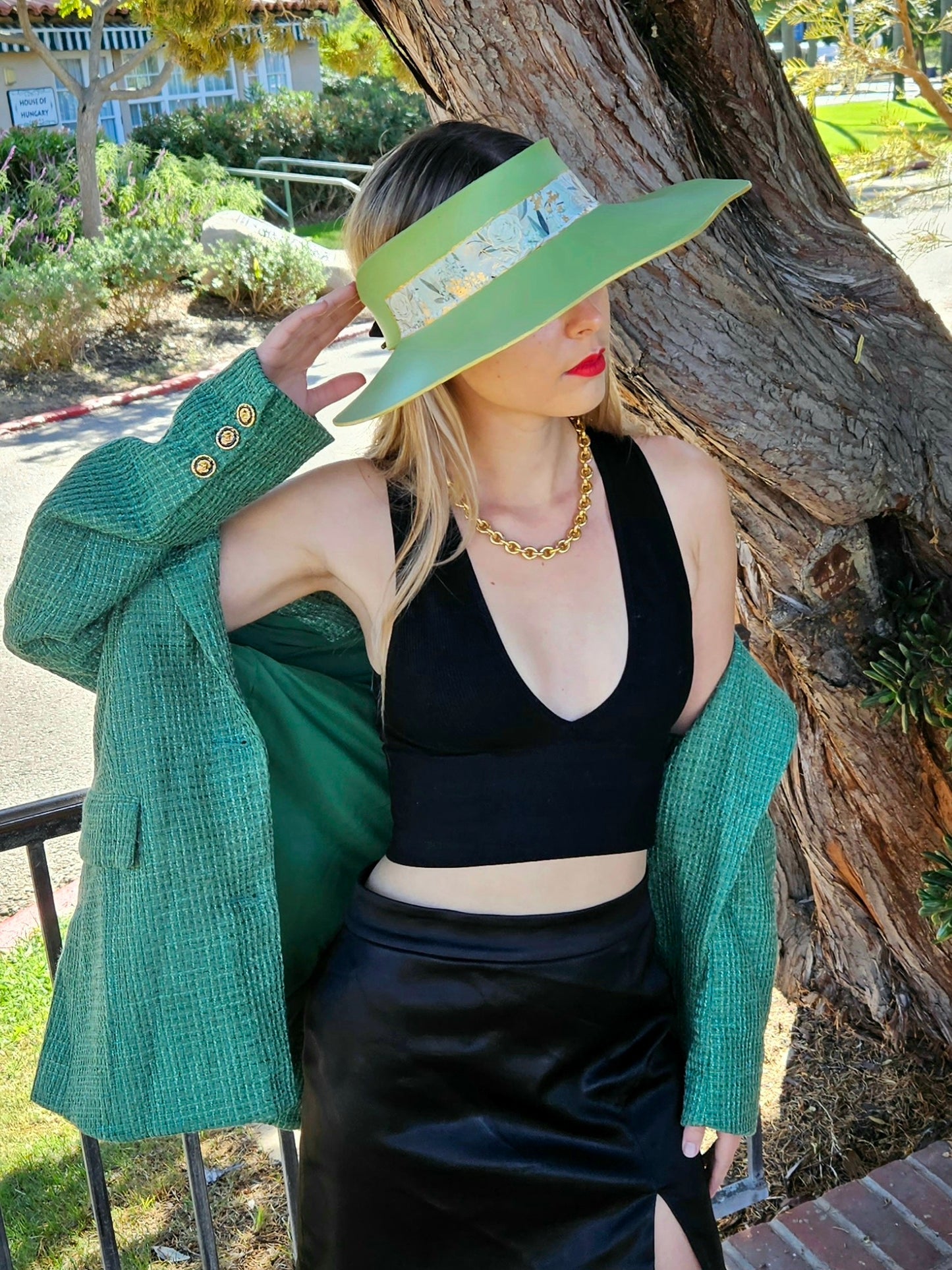 Green Lotus Visor Hat with White and Green Floral Band