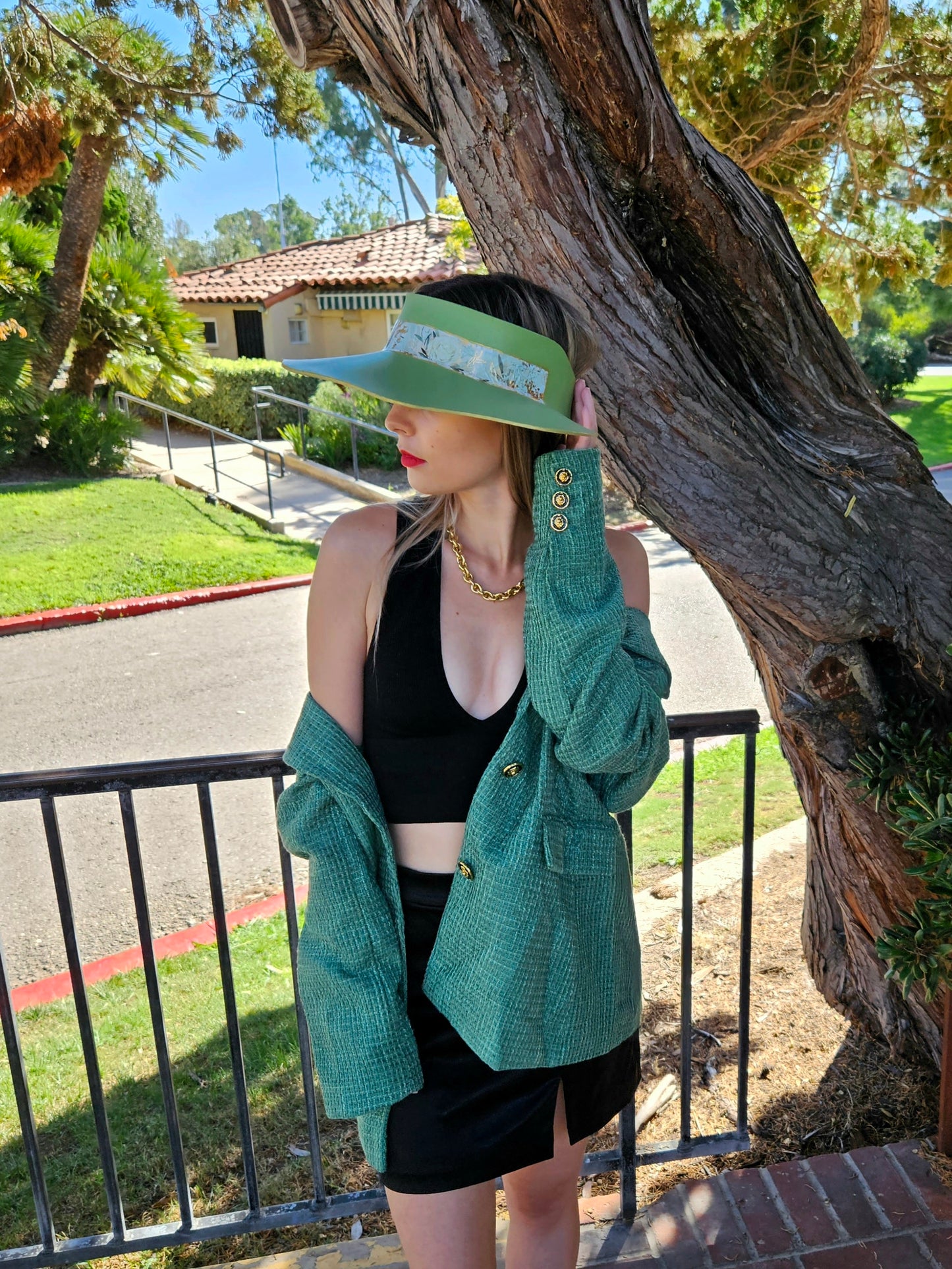 Green Lotus Visor Hat with White and Green Floral Band