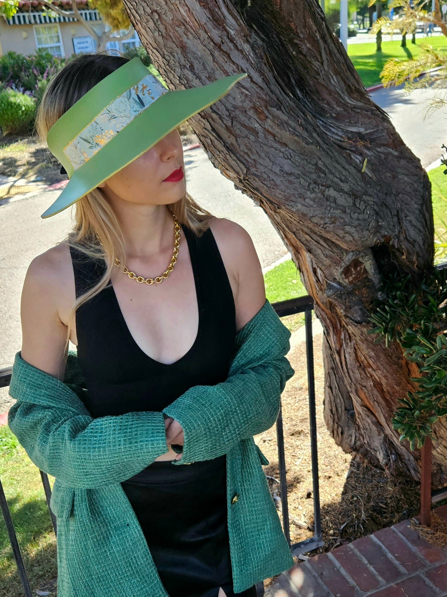 Green Lotus Visor Hat with White and Green Floral Band