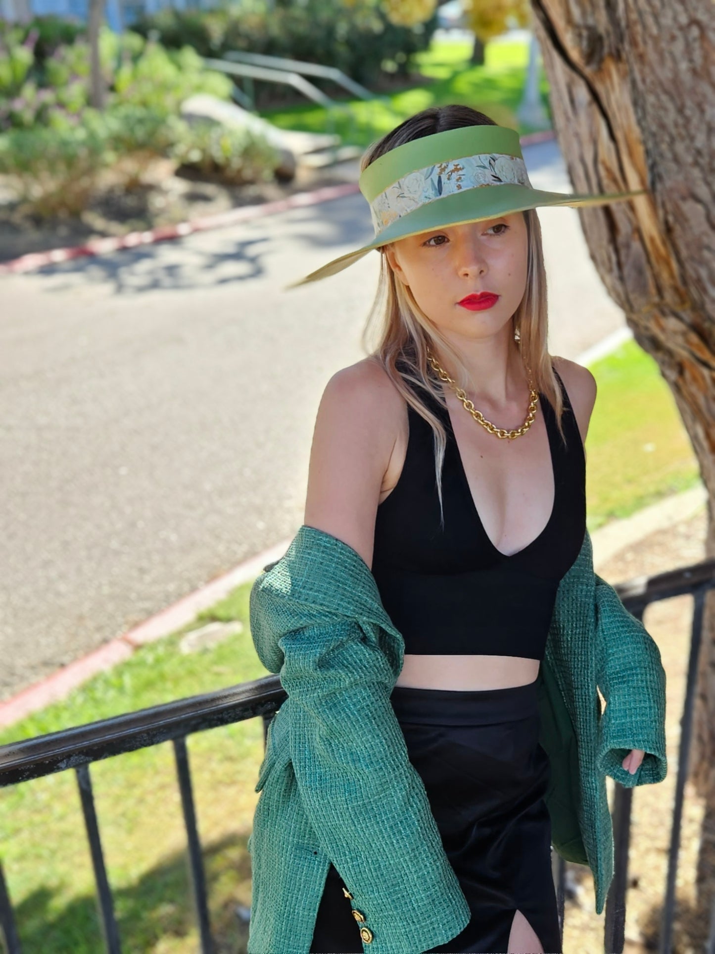 Green Lotus Visor Hat with White and Green Floral Band