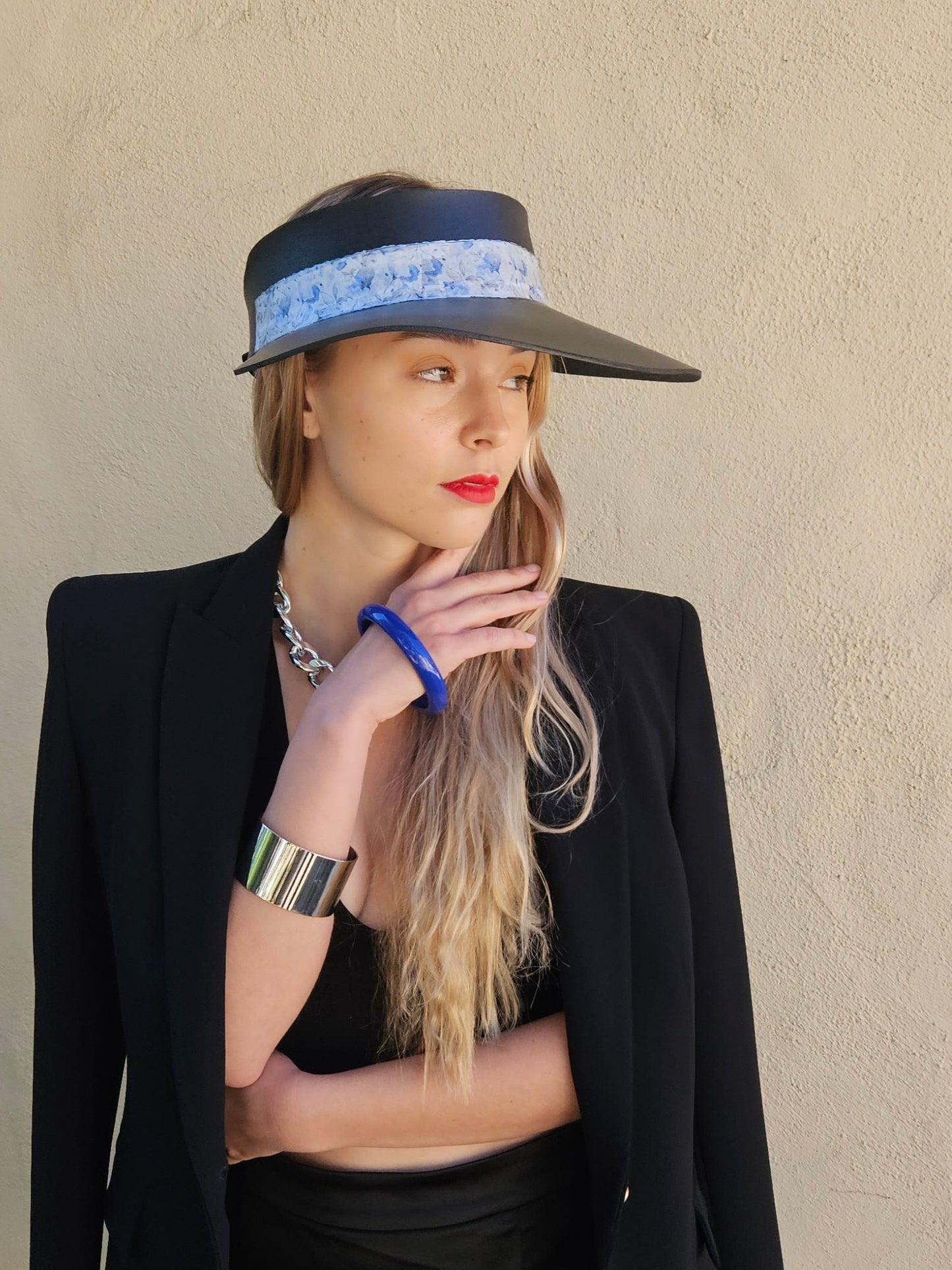 Tall Black "LadyEVA" Visor Hat with Pale Blue Floral Band