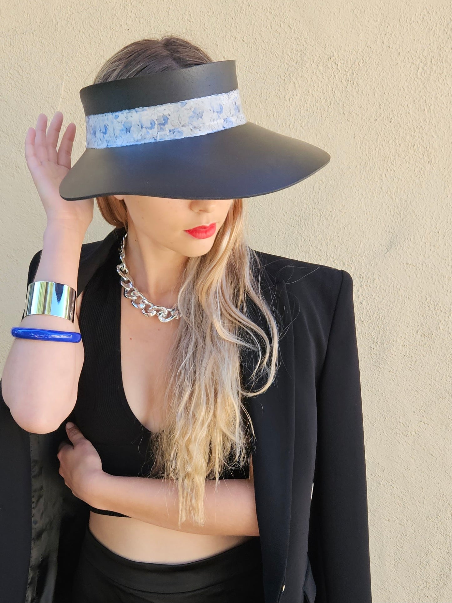 Tall Black "LadyEVA" Visor Hat with Pale Blue Floral Band