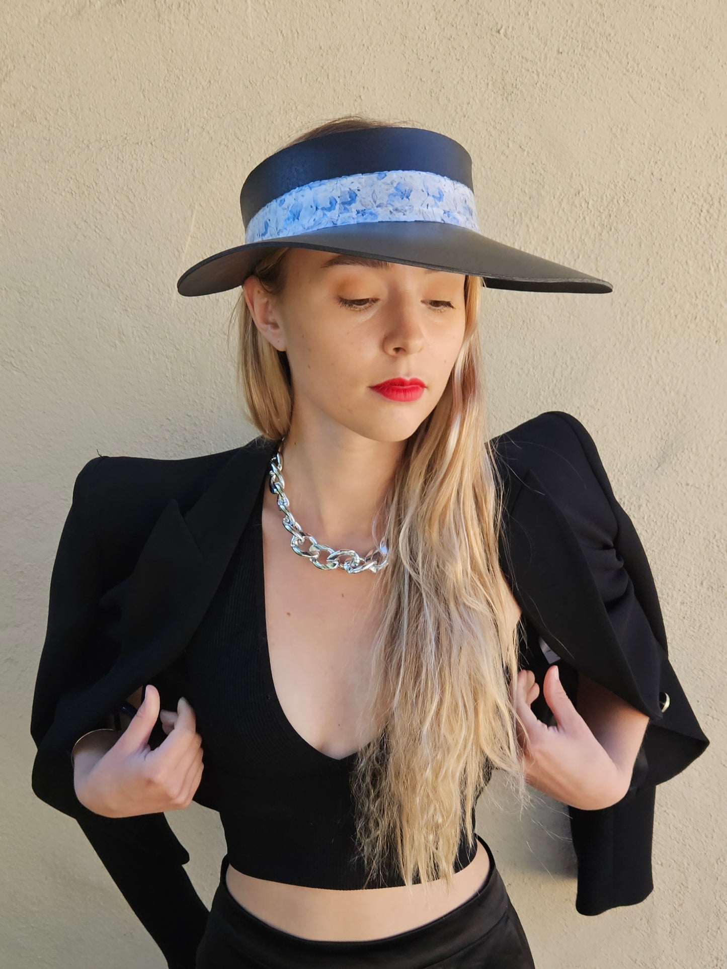 Tall Black "LadyEVA" Visor Hat with Pale Blue Floral Band