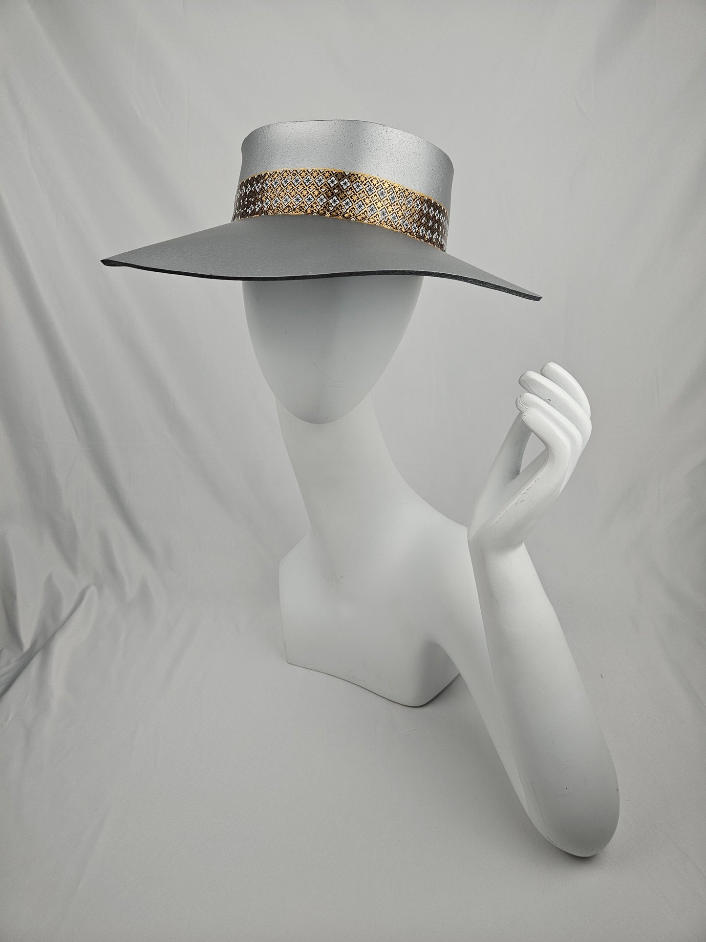 Silver "LadyEVA" Visor Hat with Gold, Black Geometric Band