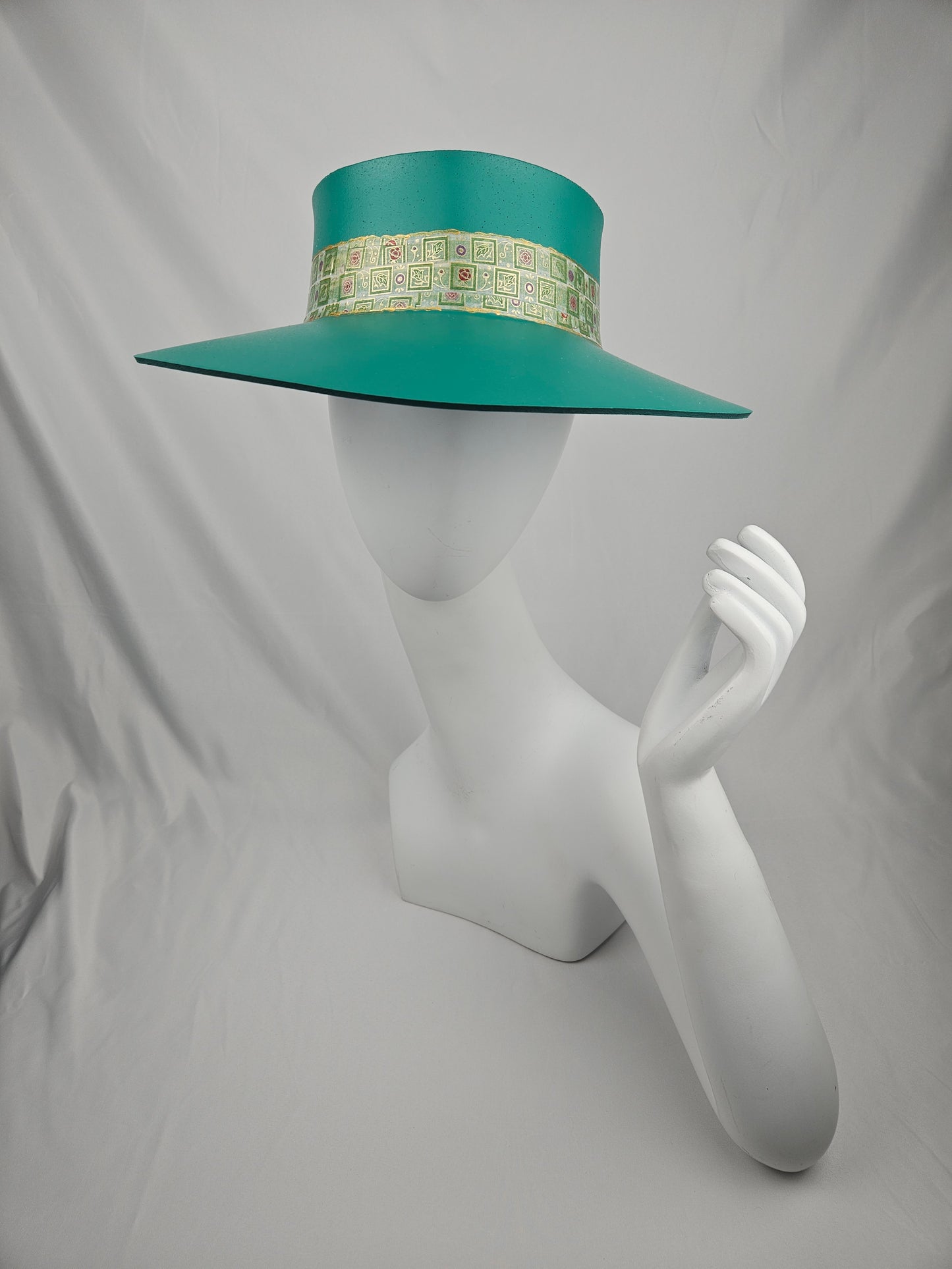 Emerald Green LadyEVA Visor Hat with Golden Band and Handpainted Floral Motif