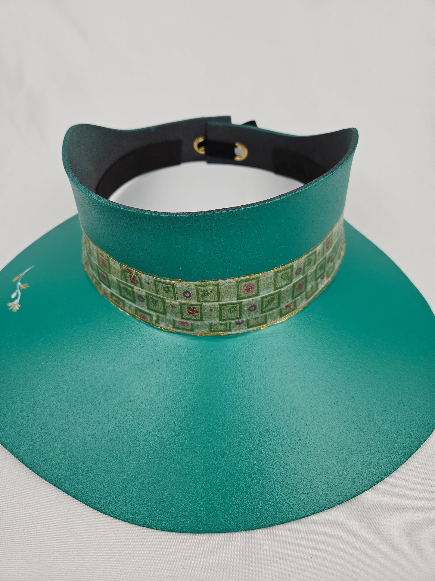 Emerald Green LadyEVA Visor Hat with Golden Band and Handpainted Floral Motif