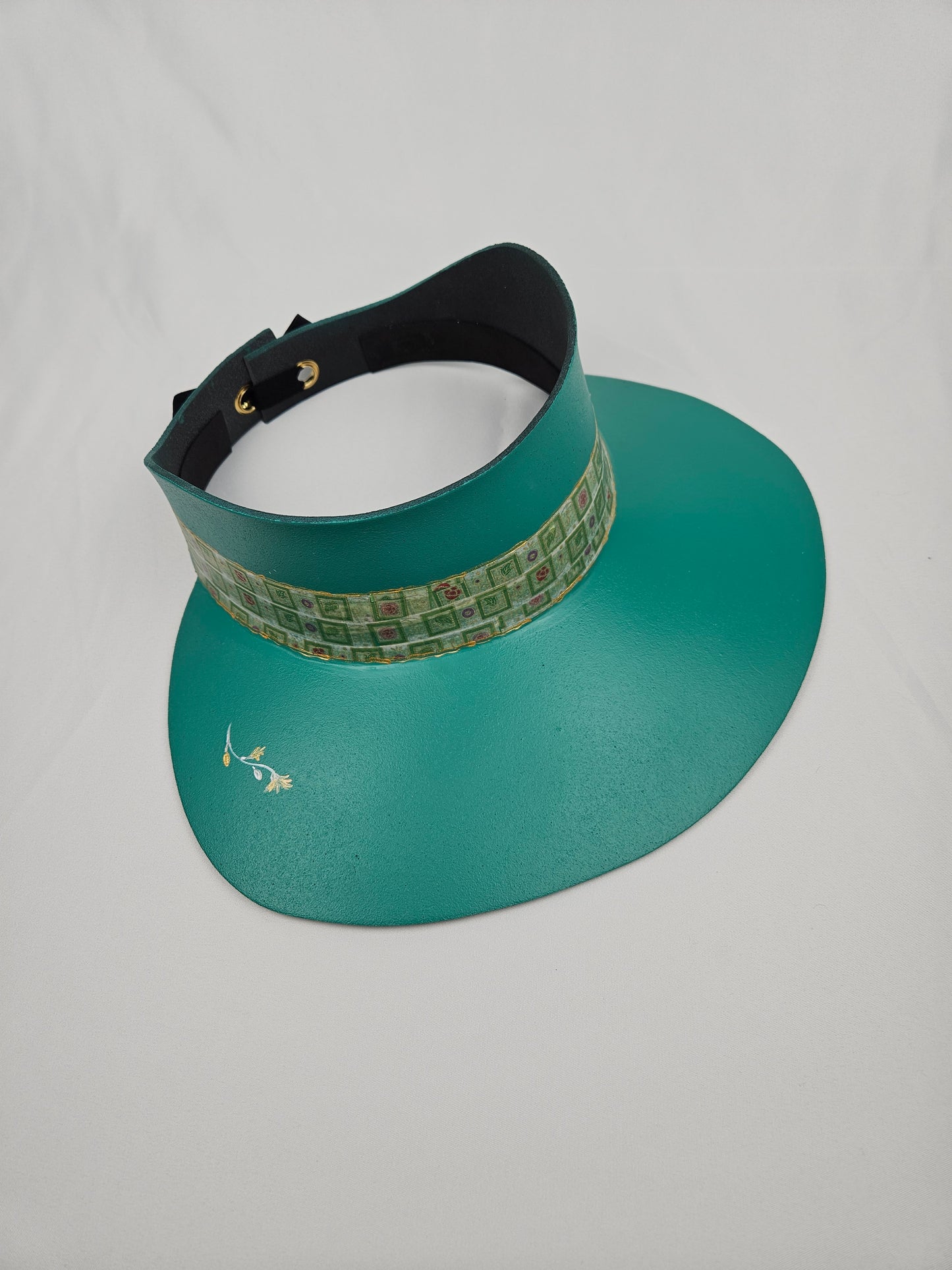 Emerald Green LadyEVA Visor Hat with Golden Band and Handpainted Floral Motif