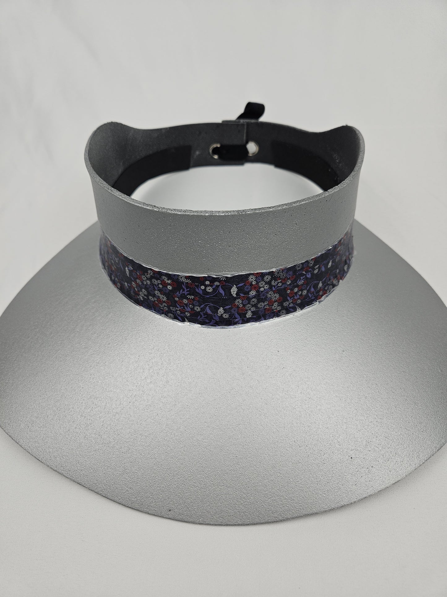 Tall Silver "LadyEVA" Visor Hat with Dark Purple Floral Band