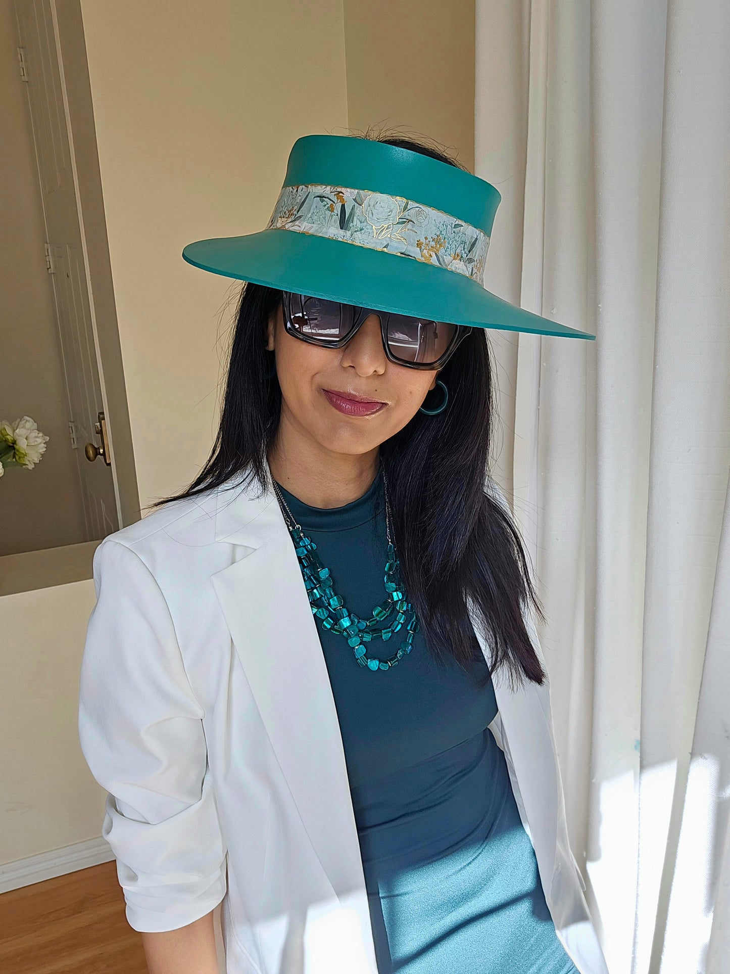 Tall Emerald Green LadyEVA Visor Hat with Golden Floral Band