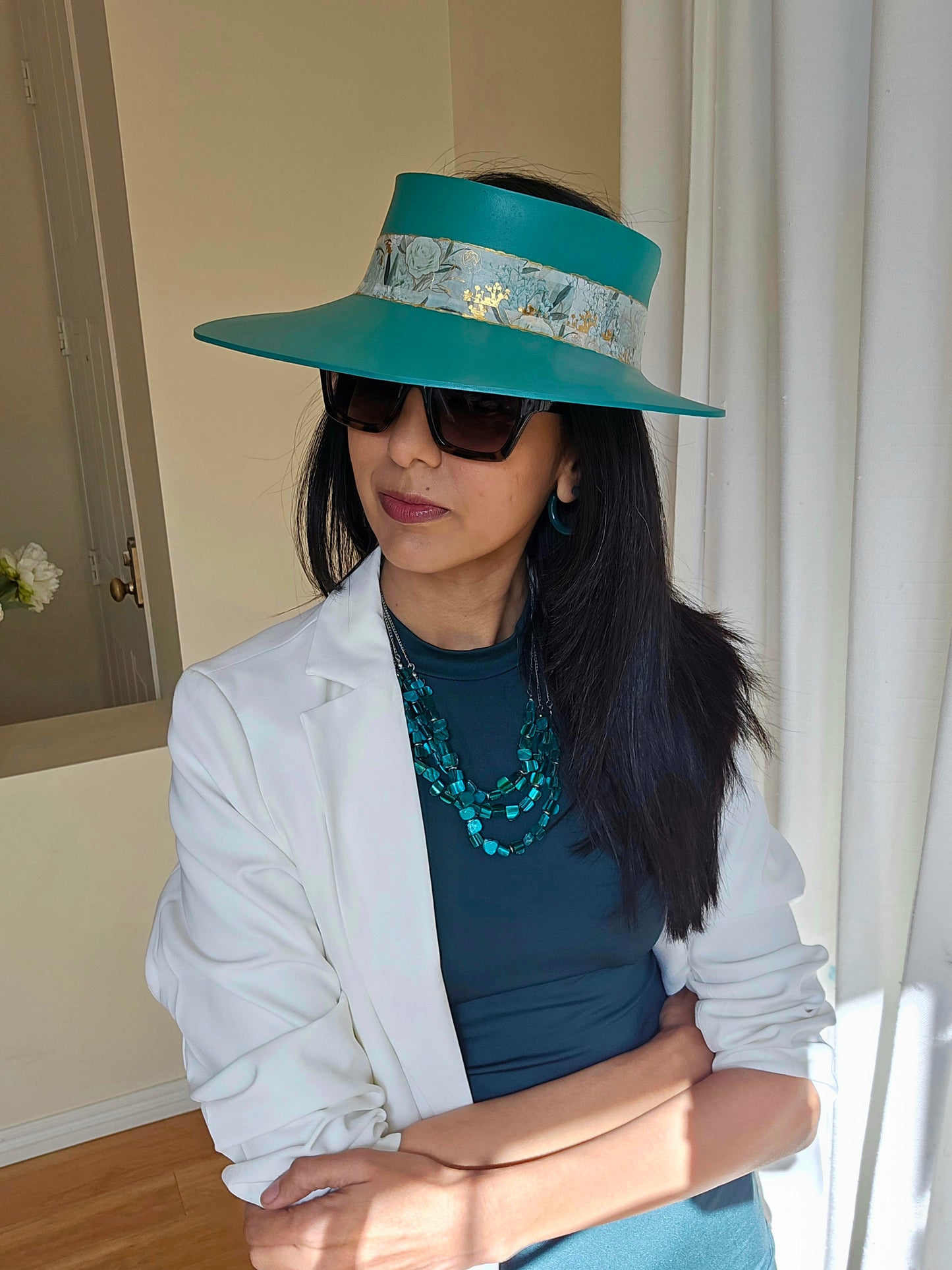 Tall Emerald Green LadyEVA Visor Hat with Golden Floral Band