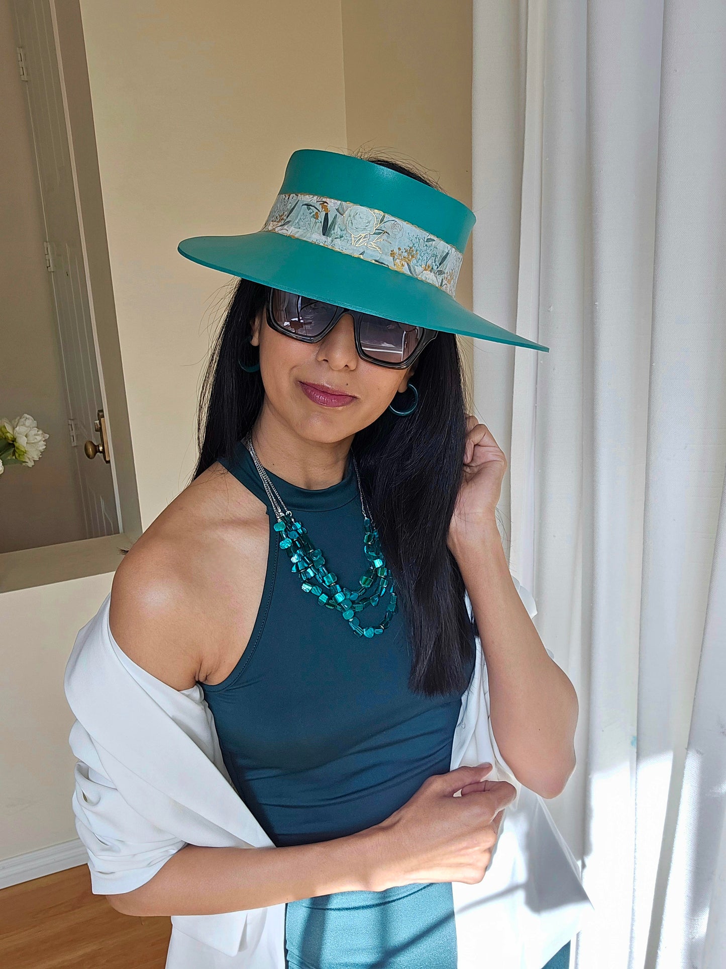 Tall Emerald Green LadyEVA Visor Hat with Golden Floral Band