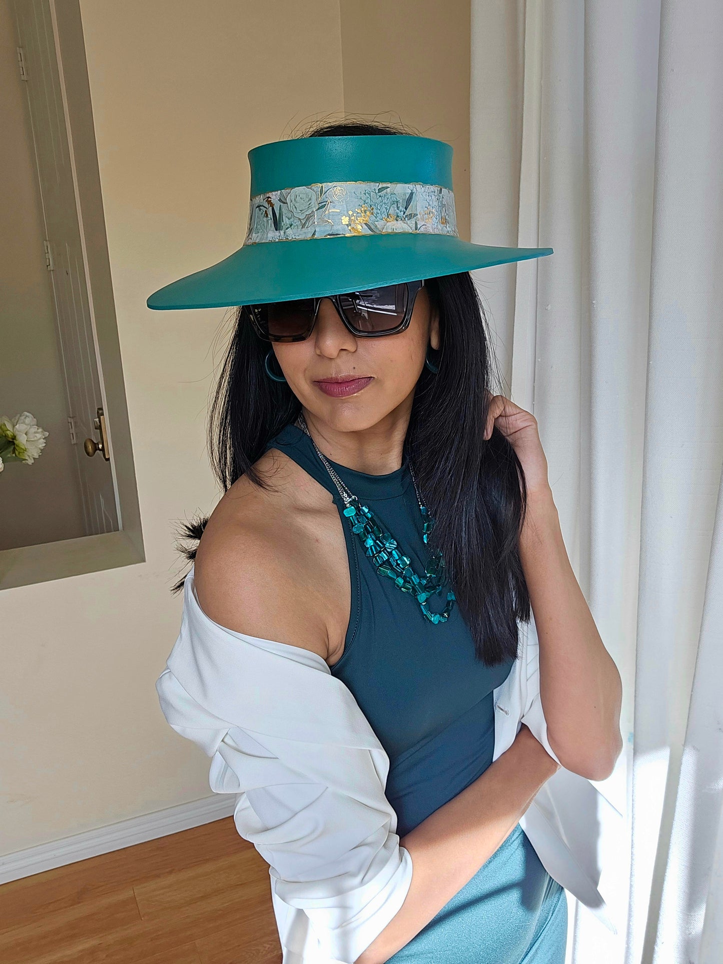 Tall Emerald Green LadyEVA Visor Hat with Golden Floral Band