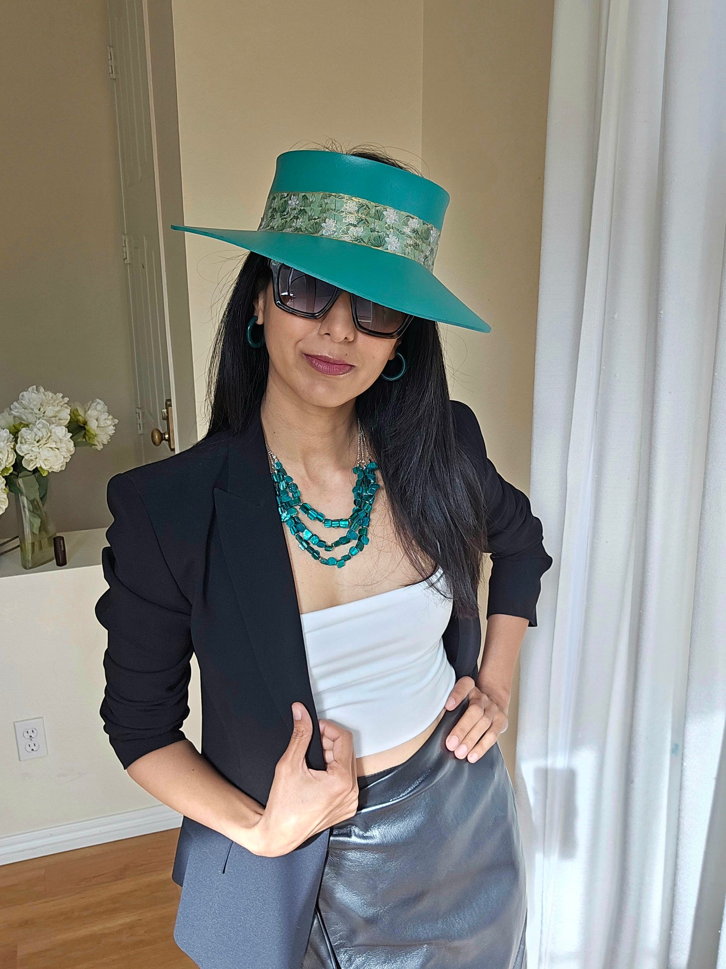 Tall Emerald Green "LadyEVA" Visor Hat with Green Floral Band