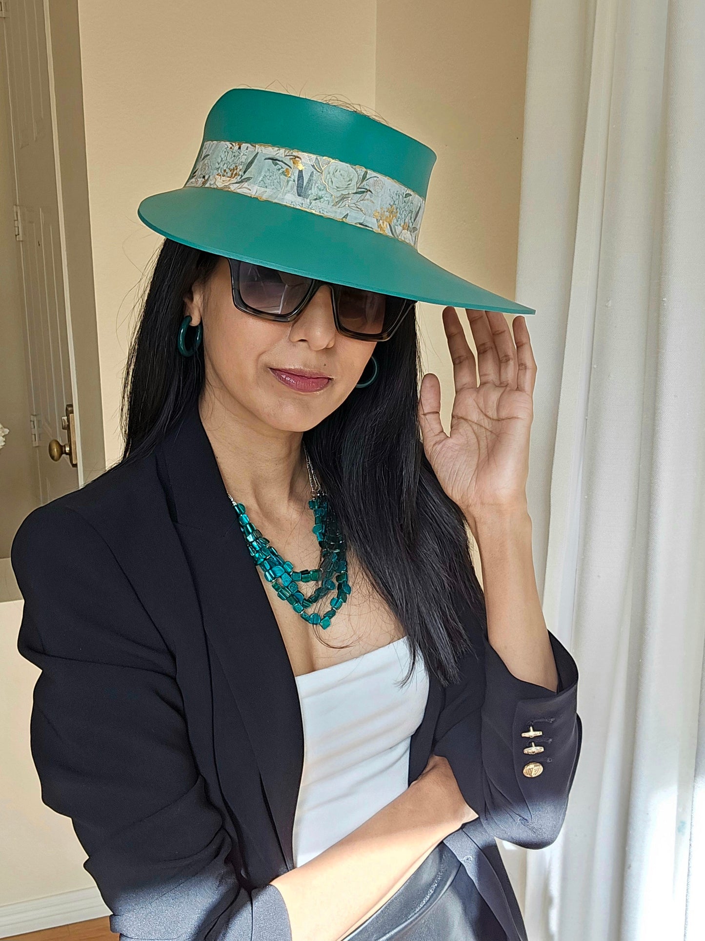 Tall Emerald Green LadyEVA Visor Hat with Golden Floral Band