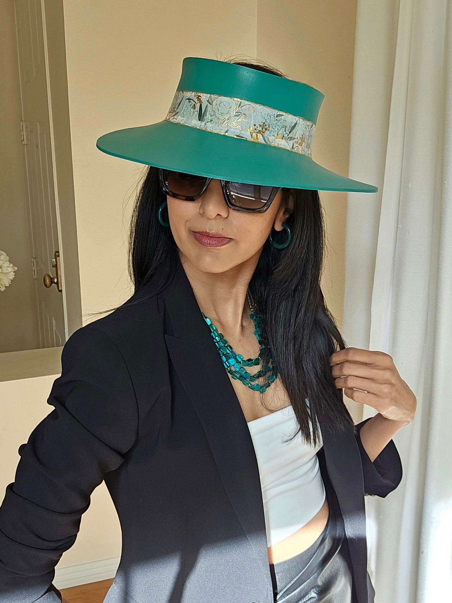 Tall Emerald Green LadyEVA Visor Hat with Golden Floral Band