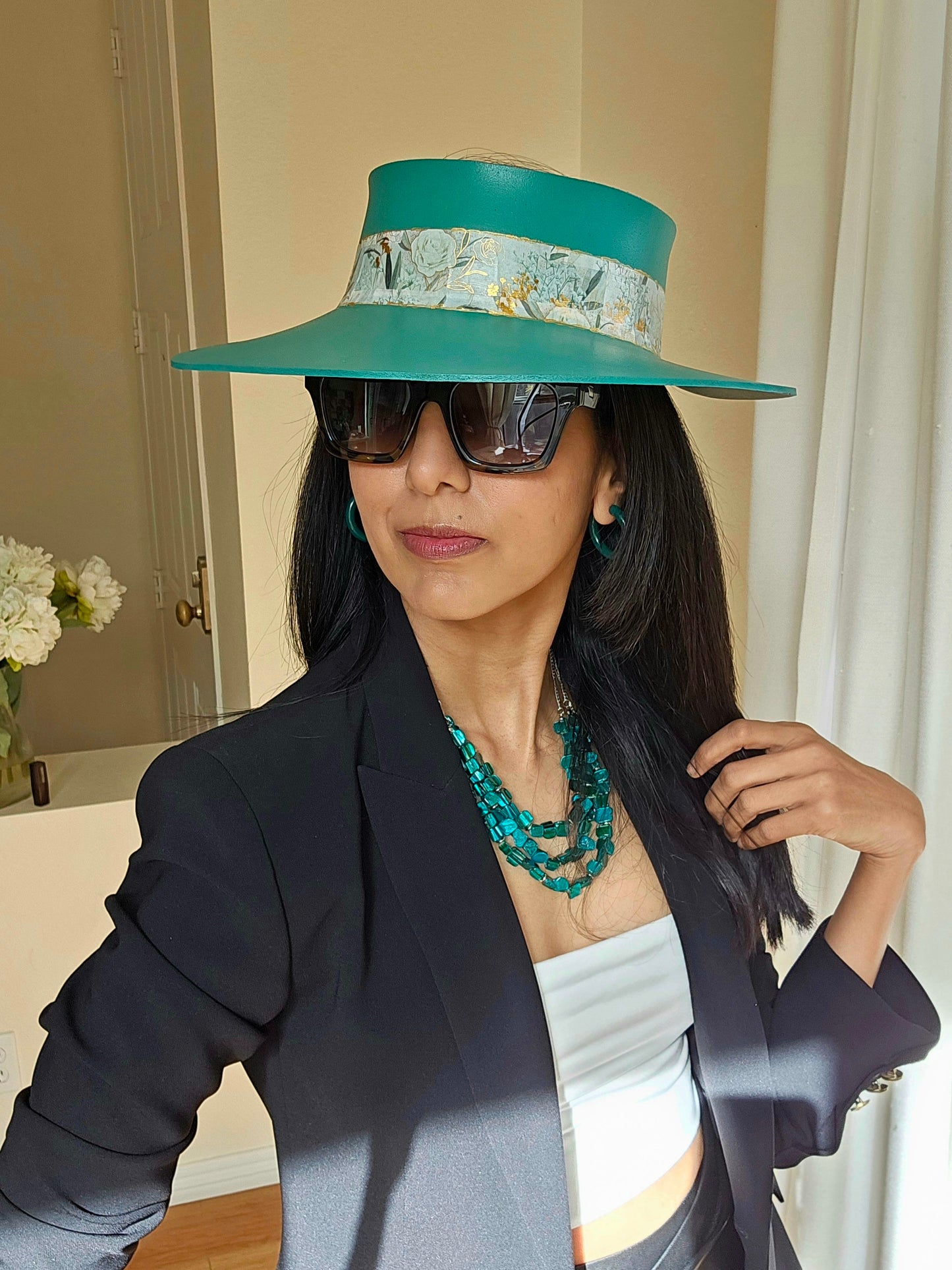 Tall Emerald Green LadyEVA Visor Hat with Golden Floral Band