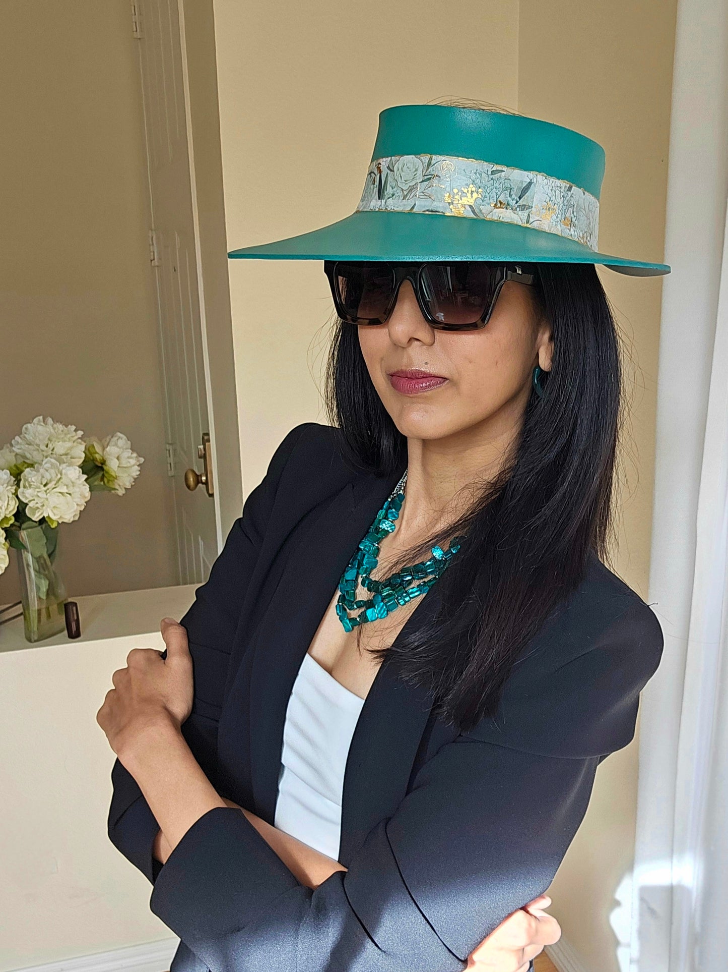 Tall Emerald Green LadyEVA Visor Hat with Golden Floral Band