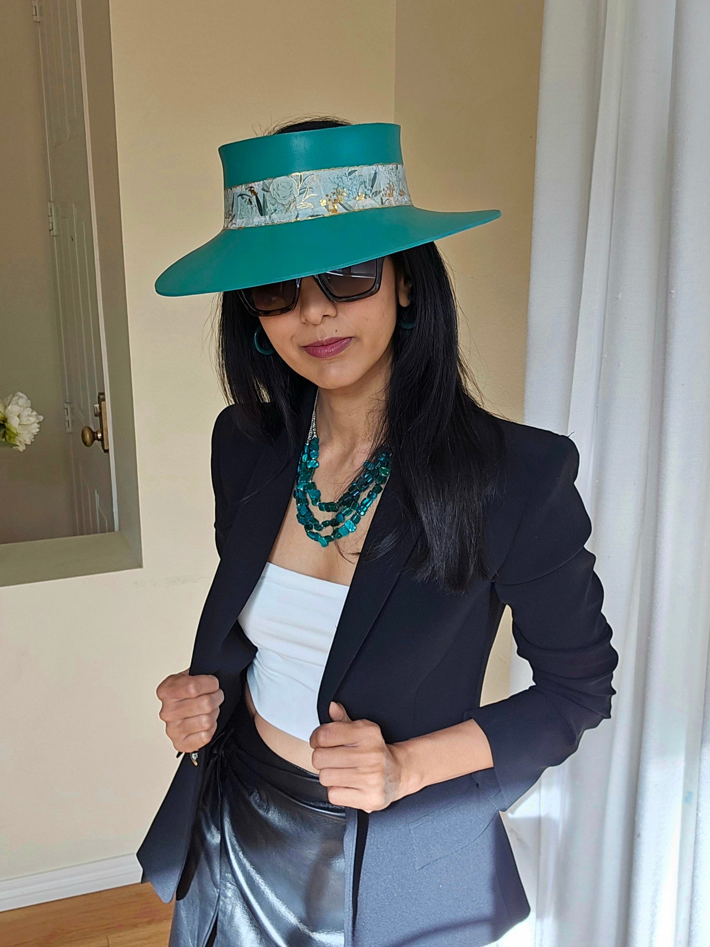 Tall Emerald Green LadyEVA Visor Hat with Golden Floral Band