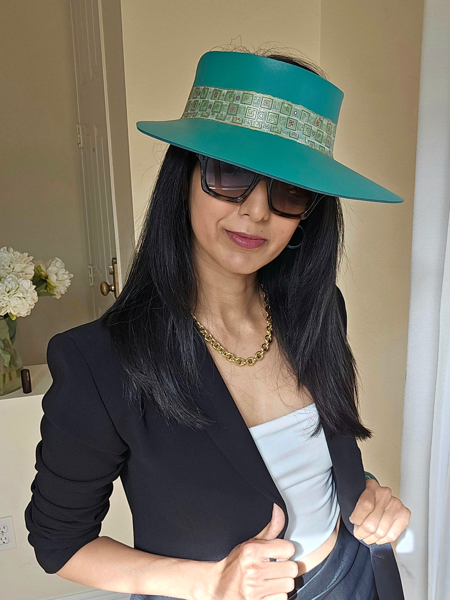 Emerald Green LadyEVA Visor Hat with Golden Band and Handpainted Floral Motif