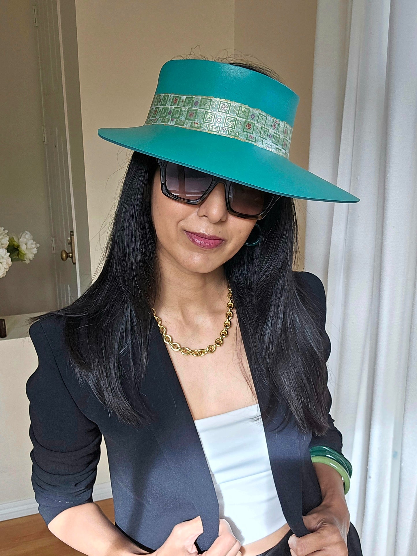 Emerald Green LadyEVA Visor Hat with Golden Band and Handpainted Floral Motif