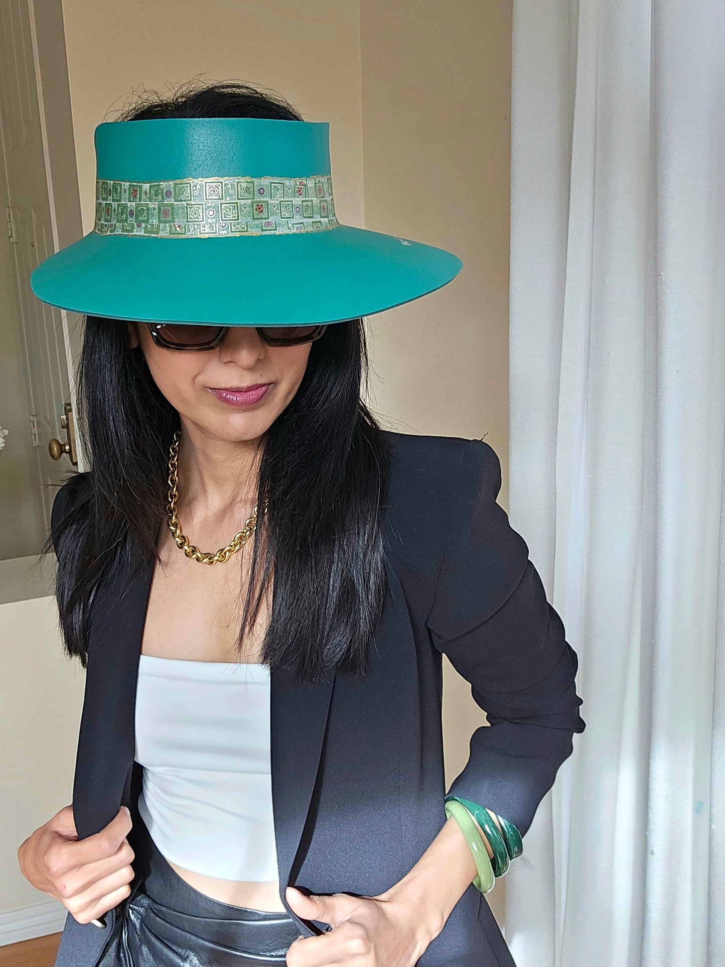 Emerald Green LadyEVA Visor Hat with Golden Band and Handpainted Floral Motif