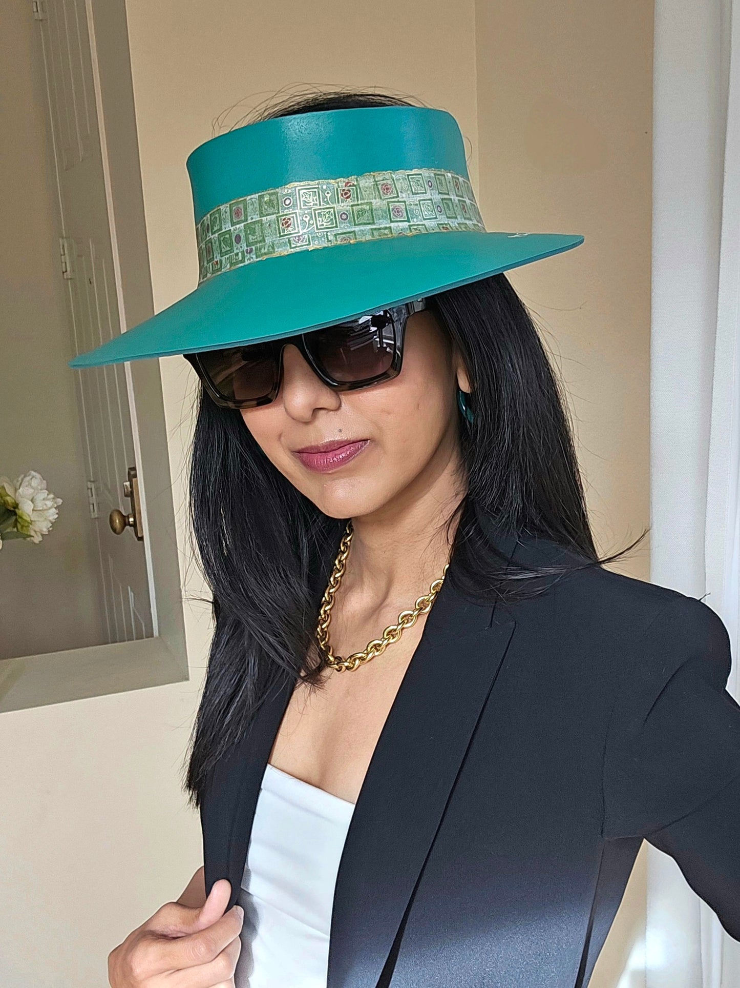 Emerald Green LadyEVA Visor Hat with Golden Band and Handpainted Floral Motif