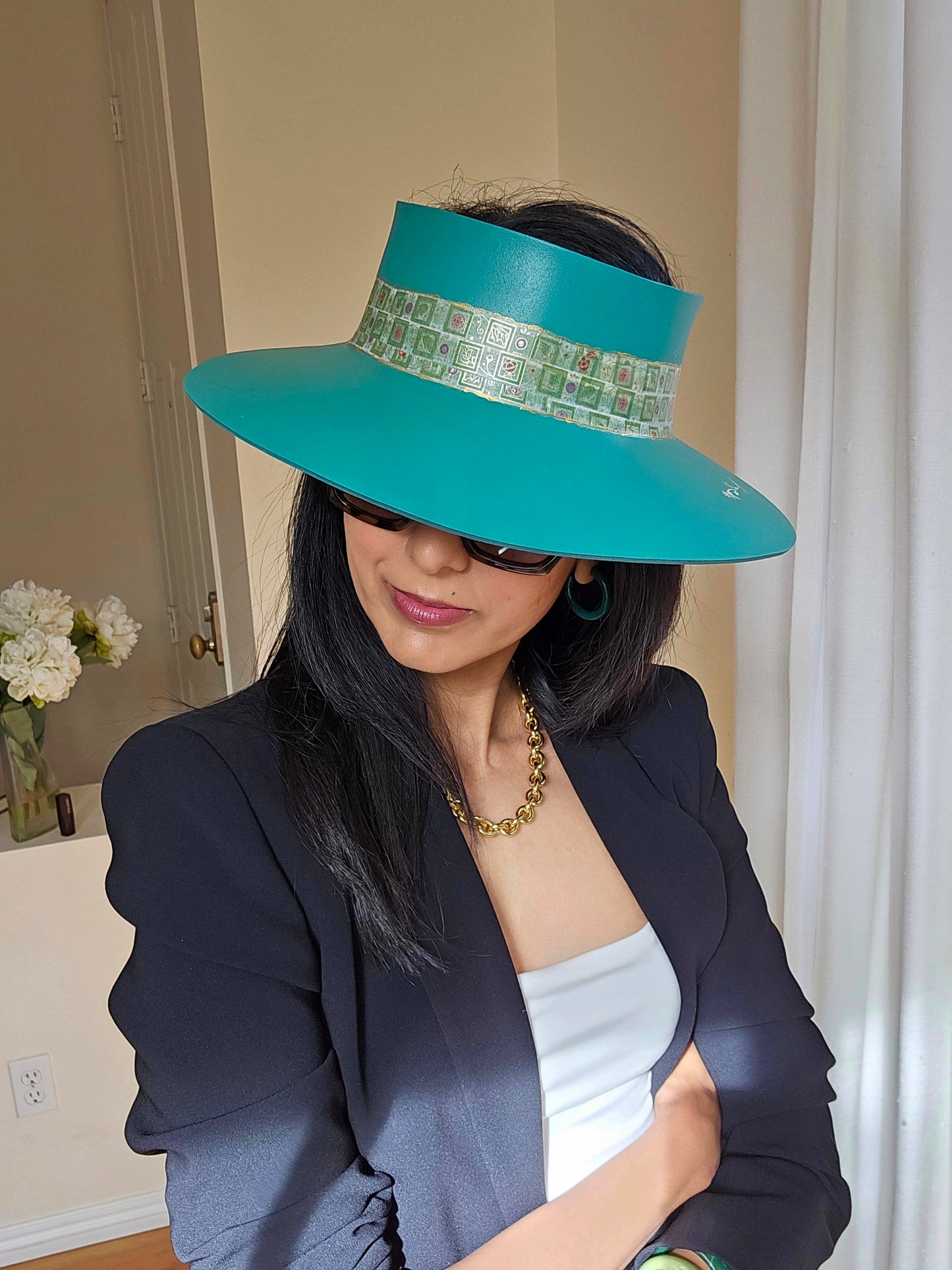 Emerald Green LadyEVA Visor Hat with Golden Band and Handpainted Floral Motif