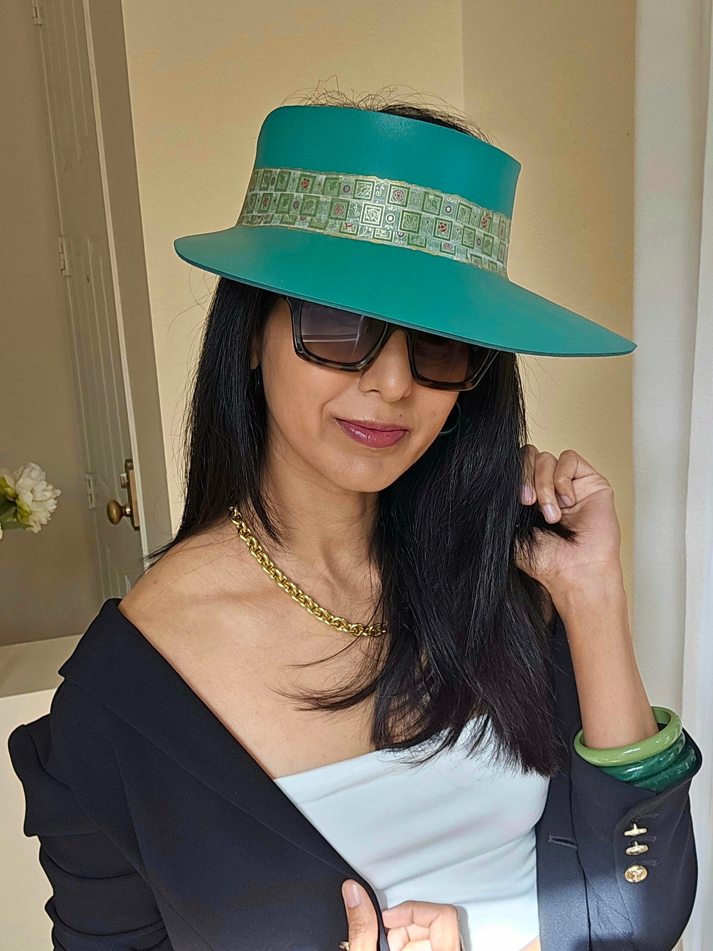 Emerald Green LadyEVA Visor Hat with Golden Band and Handpainted Floral Motif