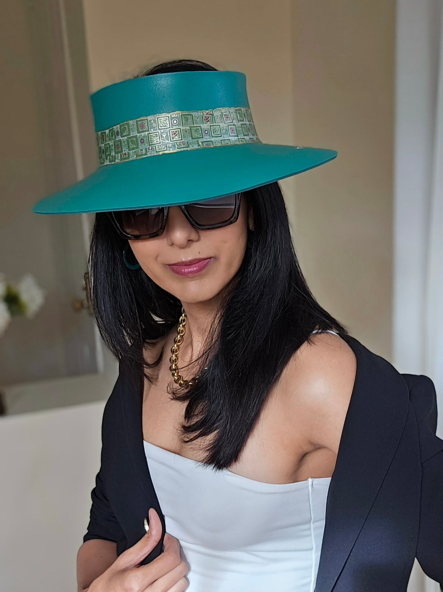 Emerald Green LadyEVA Visor Hat with Golden Band and Handpainted Floral Motif