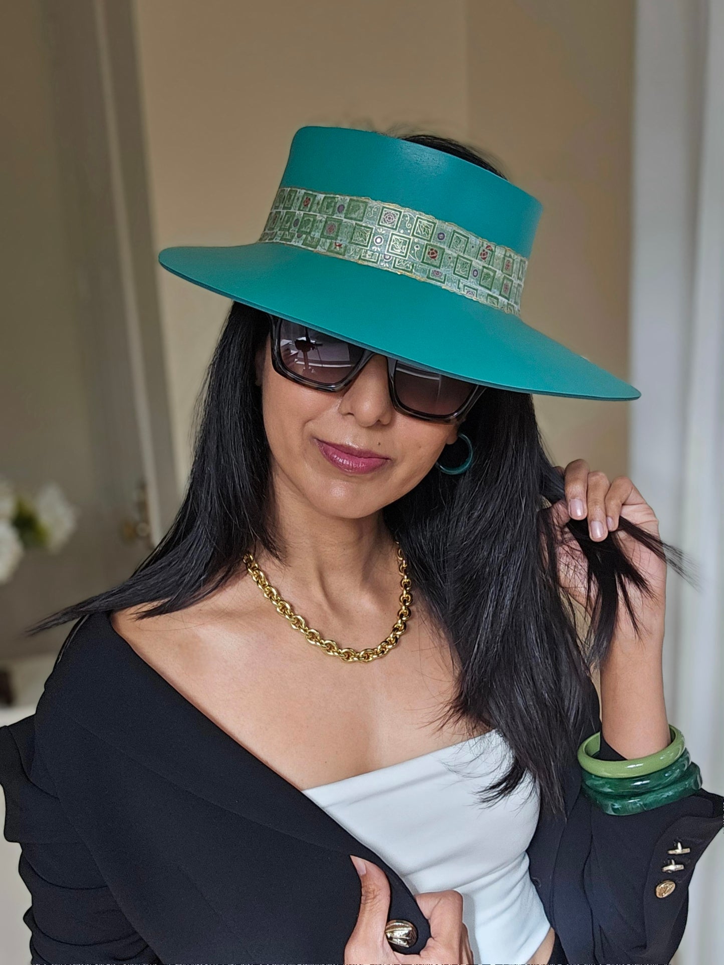 Emerald Green LadyEVA Visor Hat with Golden Band and Handpainted Floral Motif