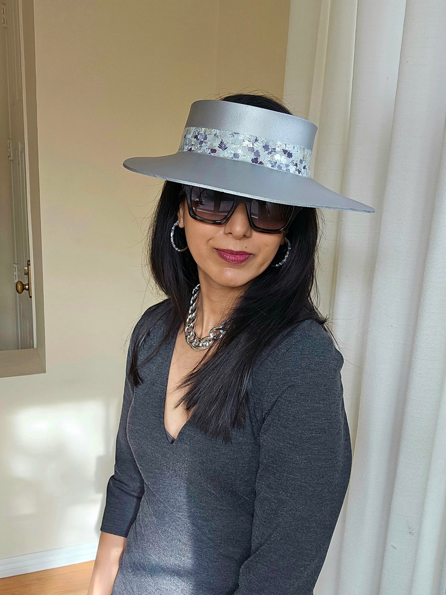 Tall Silver "LadyEVA" Visor Hat with Purple Floral Band