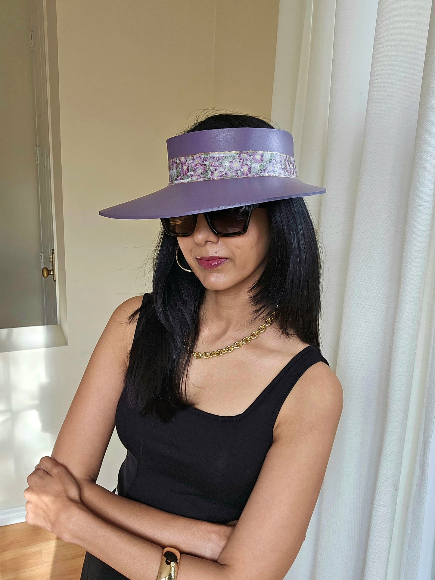 Purple LadyEVA Visor Hat with Floral Band