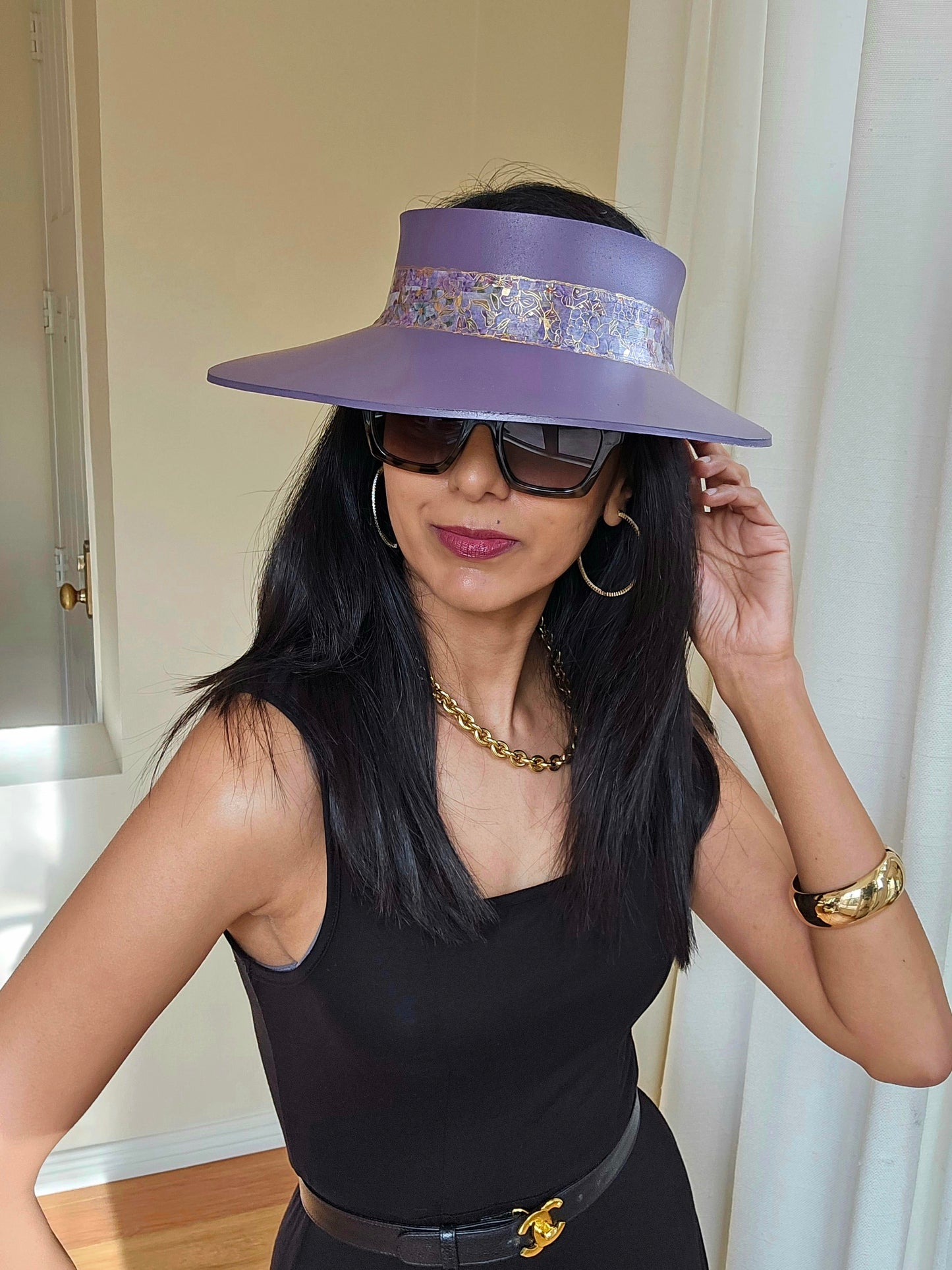 Purple "LadyEVA" Visor Hat with Golden Floral Band