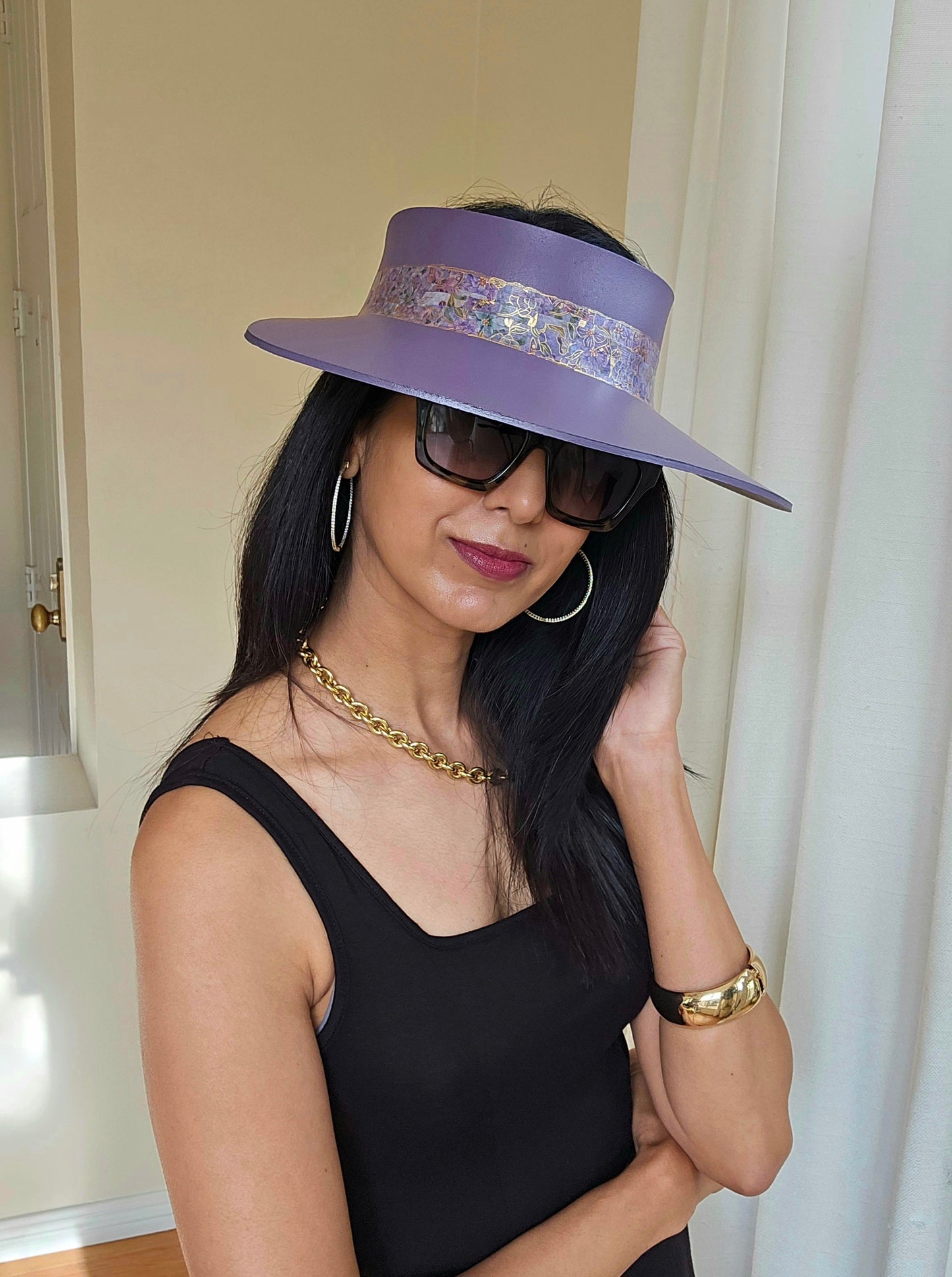 Purple "LadyEVA" Visor Hat with Golden Floral Band